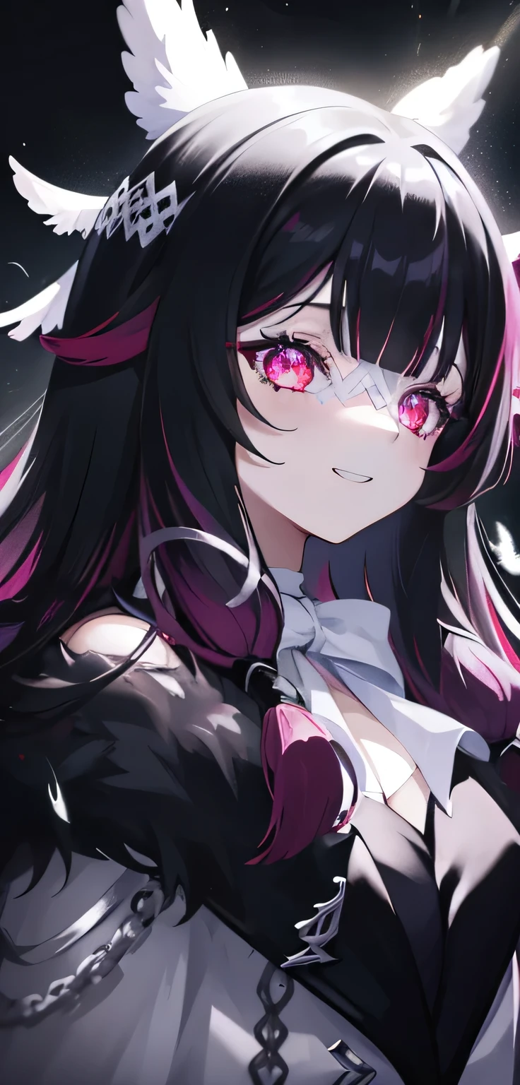 1girl, long hair, black hair, red hair, solo, open eyes, eye_mask, head wings, hair ornament, blunt bangs, light blue spotlight shining down, feathers, dark, falling feathers, evil, mysterious, black background, wind, smiling, jacket, top down view, view from above, wide bright neon pink eyes, looking at viewer, insane expression, crazy, glowing eyes,
