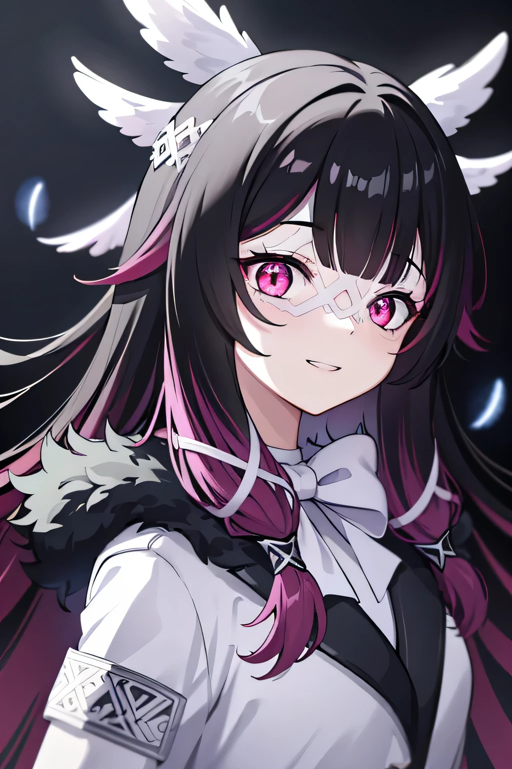 1girl, long hair, black hair, red hair, solo, open eyes, eye_mask, head wings, hair ornament, blunt bangs, light blue spotlight shining down, feathers, dark, falling feathers, evil, mysterious, black background, wind, smiling, jacket, top down view, view from above, wide bright neon pink eyes, looking at viewer, insane expression, crazy, glowing eyes, best resolutions, 8k resolutions, smile, feathered wings, wings armband