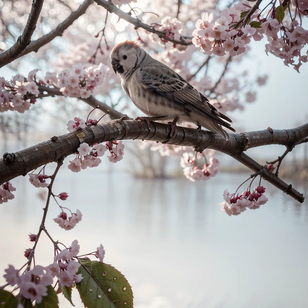 cockatiel near white cherry trees on branches, dark, dawn, (cold morning: 1.1), (morning dew: 1.15), realistic photography, (low photo: 1.2), detail, 8K, intricate folded feathers, water drops on feathers, (to8contrast style), (MIST: 0.7), bright colors, mirrorless camera Sony a6600, beautify2 --v 6