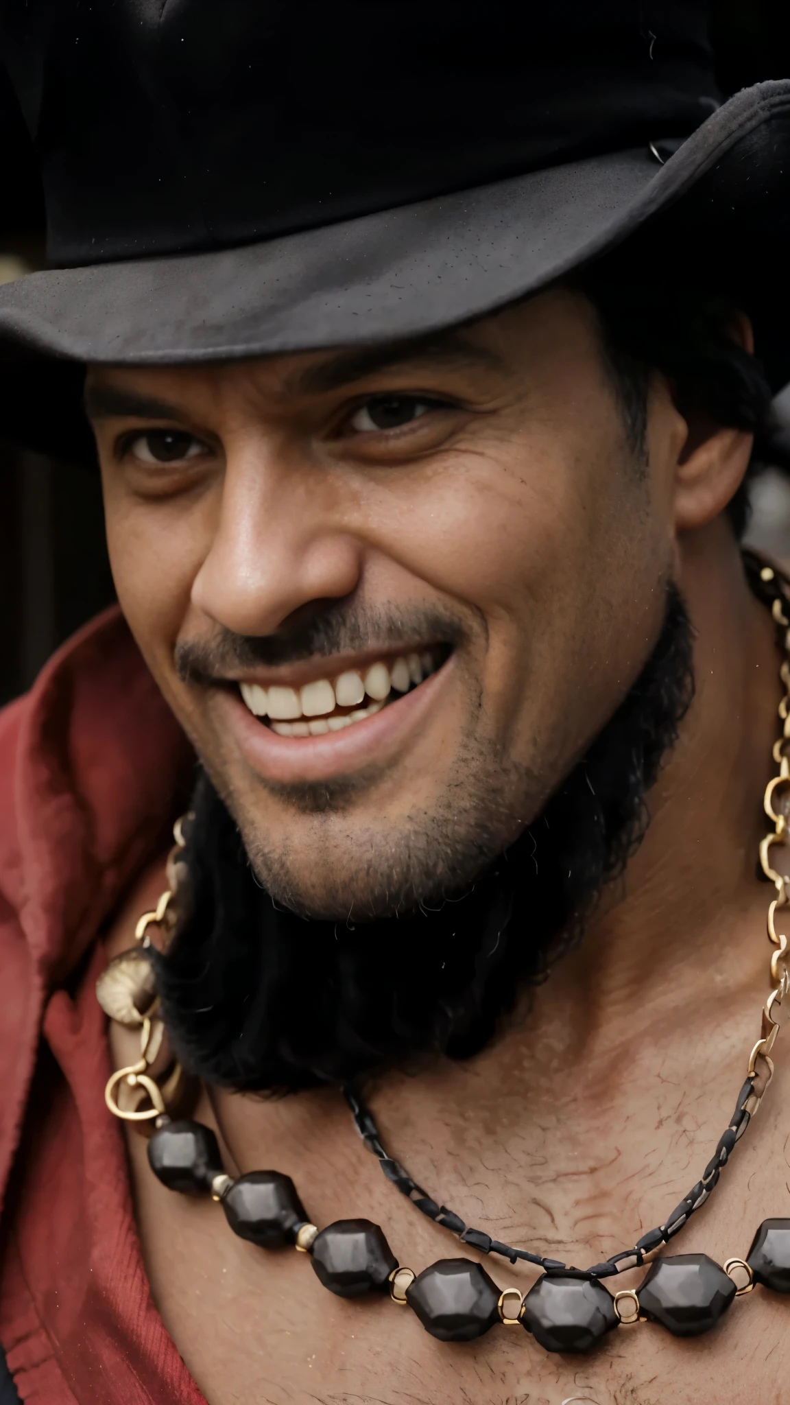 (masterpiece), (realistic), (ultra detailed), ( high reest quality), (photorealistic), (perfect face), (perfect anatomy), (((old man))), (((male))), (((fat))), solo, (((negro))), (((45 years old))), Marshall D. Teach from one piece, Marshall D. Teach, one piece, wearing a black pirate hat, long curly hair, wearing a black robe, black beard, wearing a necklace accessory, (((His mouth was wide open in an evil laugh)))