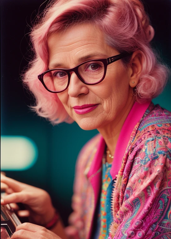 analog film photo anime artwork, grand photograph, Polaroid, excite 65-year-old woman, wearing pink glasses,cute,exited, glowing hair, canon 5d mark 4, neon light, kodak ektar, feminate, pastel colors, curved lines, elaborate detail, art by jc leyendecker faded film, 35mm photo, grainy, vignette, vintage, Kodachrome, Lomography, stained, highly detailed, vaporwave style, subsurface scattering, ultra hd, 4k, high def, Photorealistic, Hyperrealistic, Hyper detailed, analog style, realistic, masterpiece, best quality, ultra realistic, 8k, Intricate, High Detail, film photography, soft lighting, heavy shadow