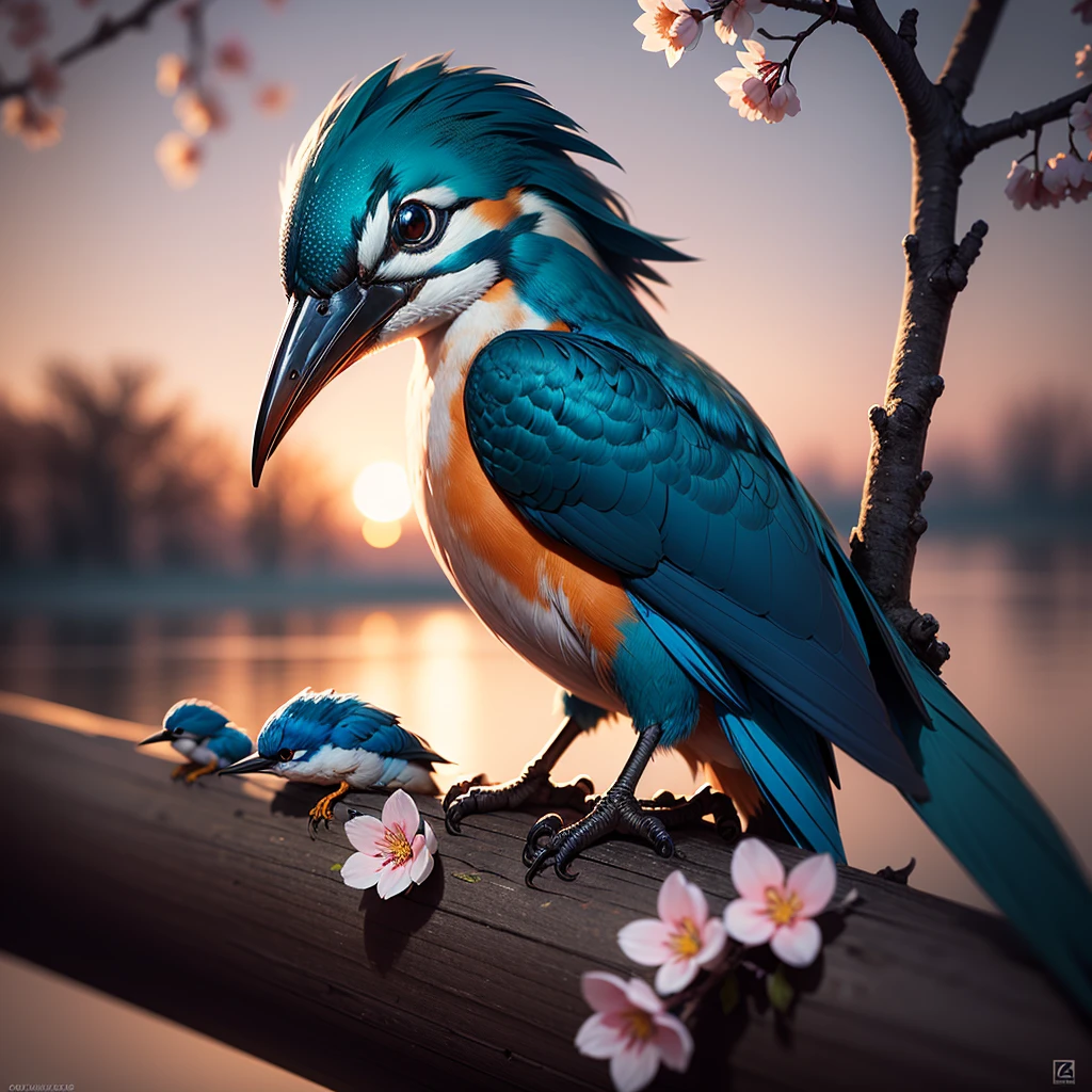 Superb Kingfisher Near White Cherry Blossoms on Branches, Dark, Dawn, (Cold Morning: 1.1), (Morning Dew: 1.15), Realistic Photography, (Low Photo: 1.2), Detail, 8K, Intricate Folded Feathers, Water Droplets on Feathers, (to8contrast style), (MIST: 0.7), Bright Colors, Sony a6600 Mirrorless Camera, embellish2