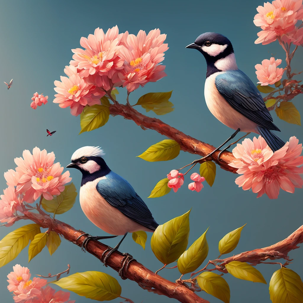 painting of a bird sitting on a branch with flowers in the background, elegant digital painting, detailed painting 4 k, beautiful digital painting, high quality digital painting, digital art oil painting, beautiful art uhd 4 k, birds f cgsociety, stunning digital painting, gorgeous digital painting, inspired by Koson Ohara, beautiful digital artwork