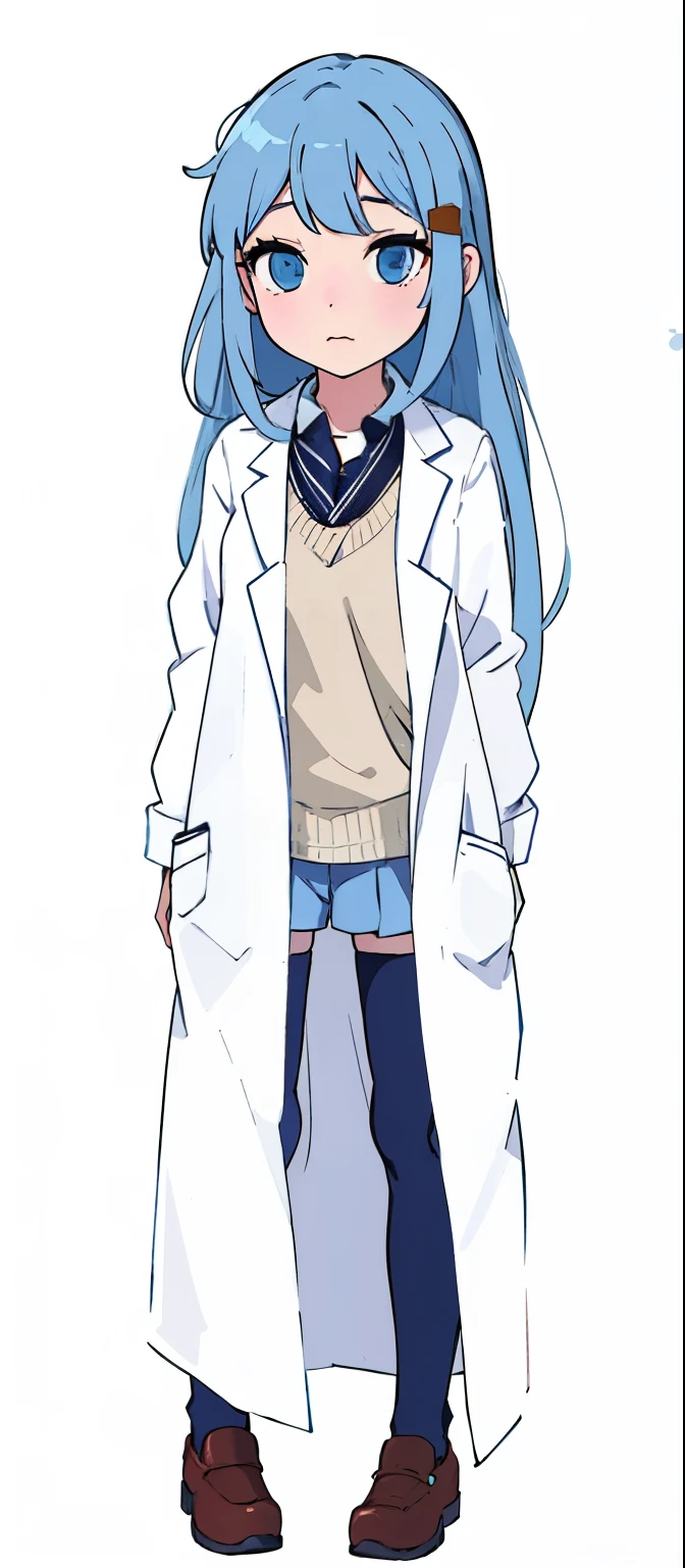 wearing a lab coat, full_Body!!,official character art, Produced by Anime Painter Studio,long blue hair,blue eyes,Fuuka Chino,loli,white pantyhose,round toe shoes,Sailor suit,Laboratory white coat,image body,stand up,three-no girl,dull face,Poor chest