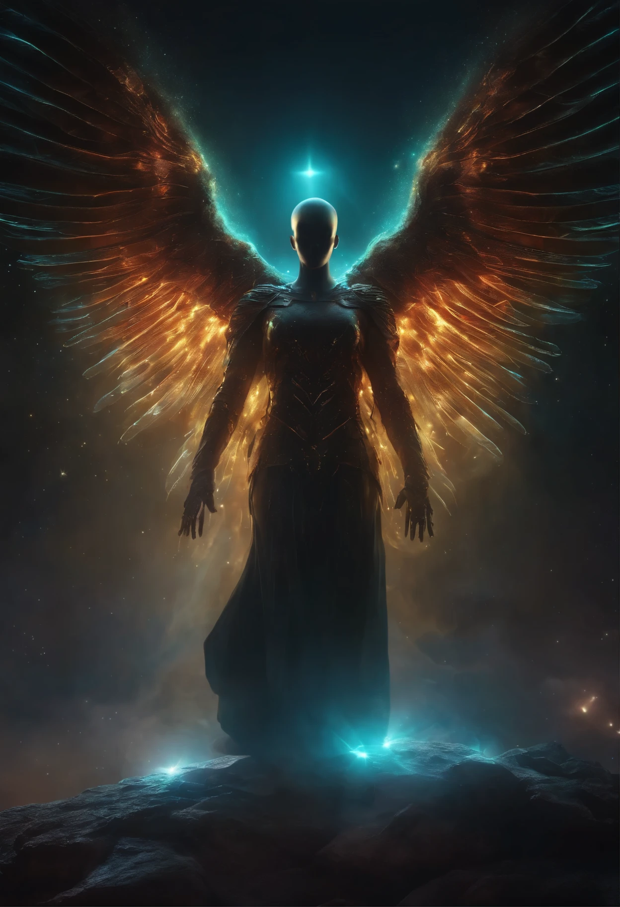 Cosmic Fallen Angel, glowing light eyes, Biomechanical, eerie, Creepy, nightmarish, Very bright colors, Light particles, with light glowing, Mshiff, wallpaper art, UHD wallpaper