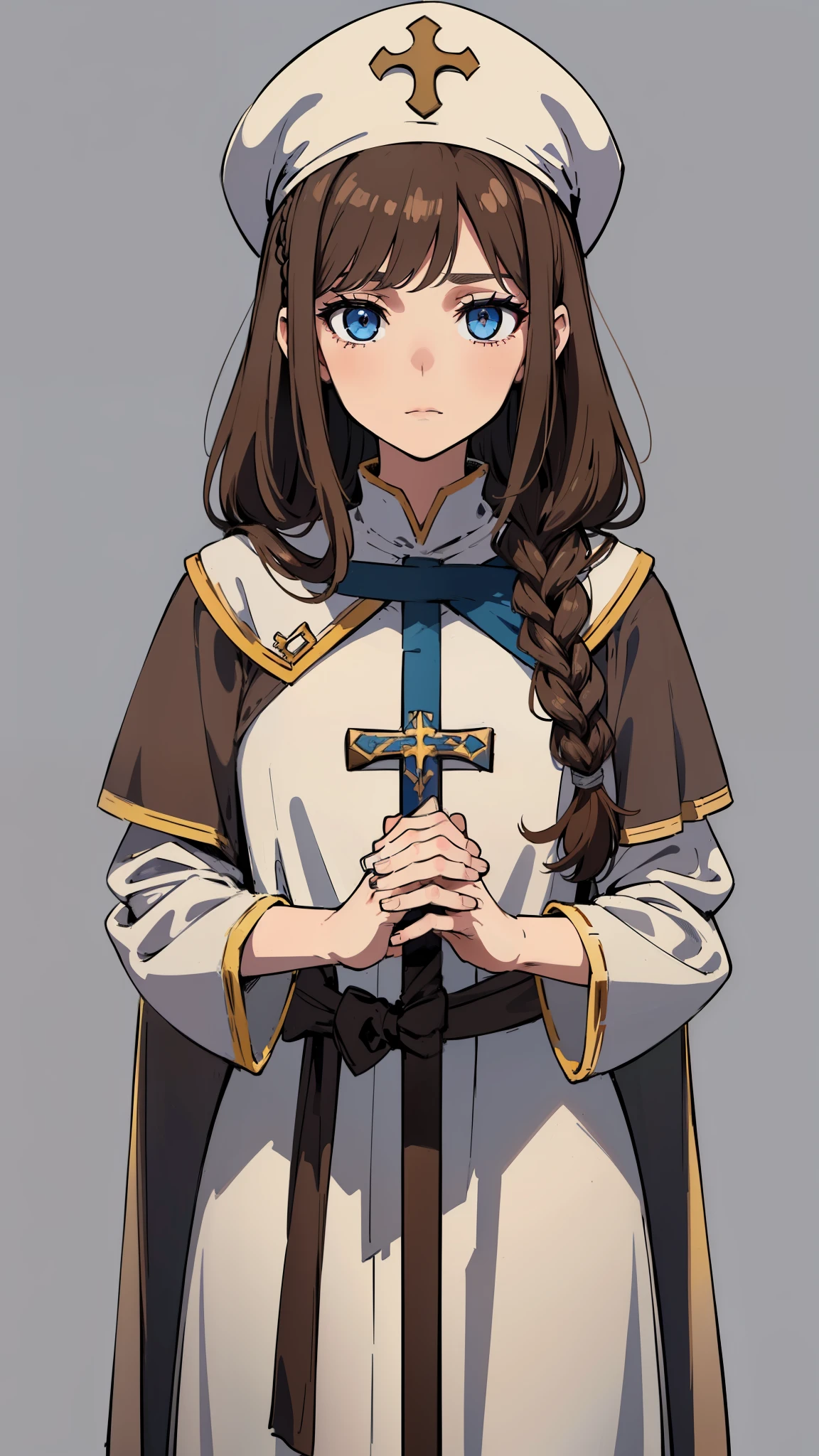 masterpiece, detailed, character, dungeons and dragons character, 1girl, Human girl, human cleric, human healer, (brown hair) medium hair, (two side hair braid), cute face, detailed face, detailed eyes, blue eyes, ((holding [holy cross|staff] in hands:1.1)), (wearing fantasy (healer cleric robe (holy cleric outfit)), outfit with hat), ((simple background, grey color background))
