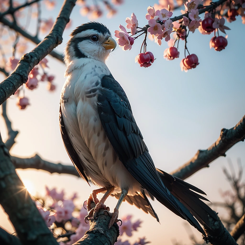 cockatiel near white cherry trees on branches, dark, dawn, (cold morning: 1.1), (morning dew: 1.15), realistic photography, (low photo: 1.2), detail, 8K, intricate folded feathers, water drops on feathers, (to8contrast style), (MIST: 0.7), bright colors, mirrorless camera Sony a6600, beautify2 --v 6