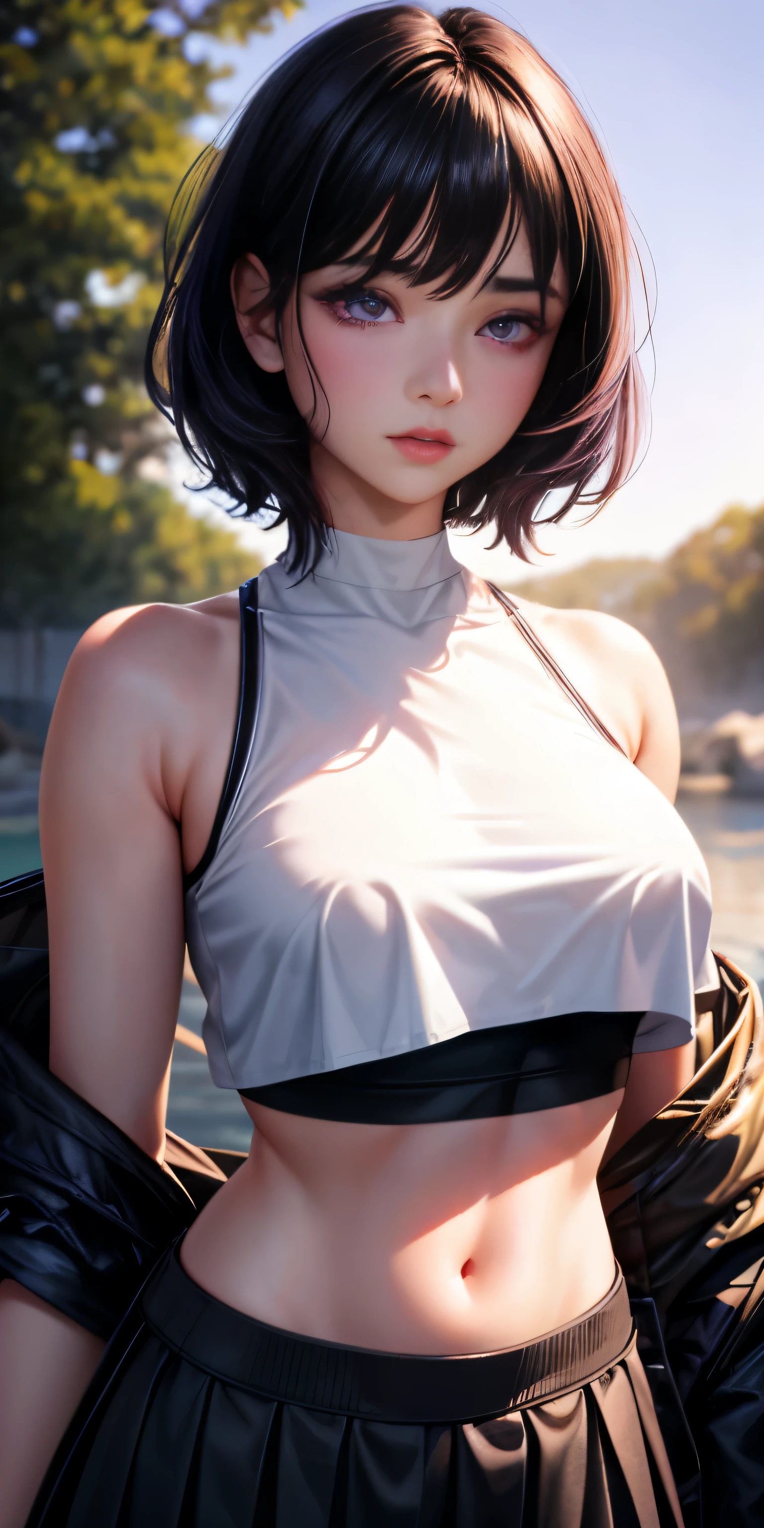 realistic, 1gi Black hair, purple eyes, glowing eyes, crop top, skirt, parted lips, blush, nigh, sun, sunlight,