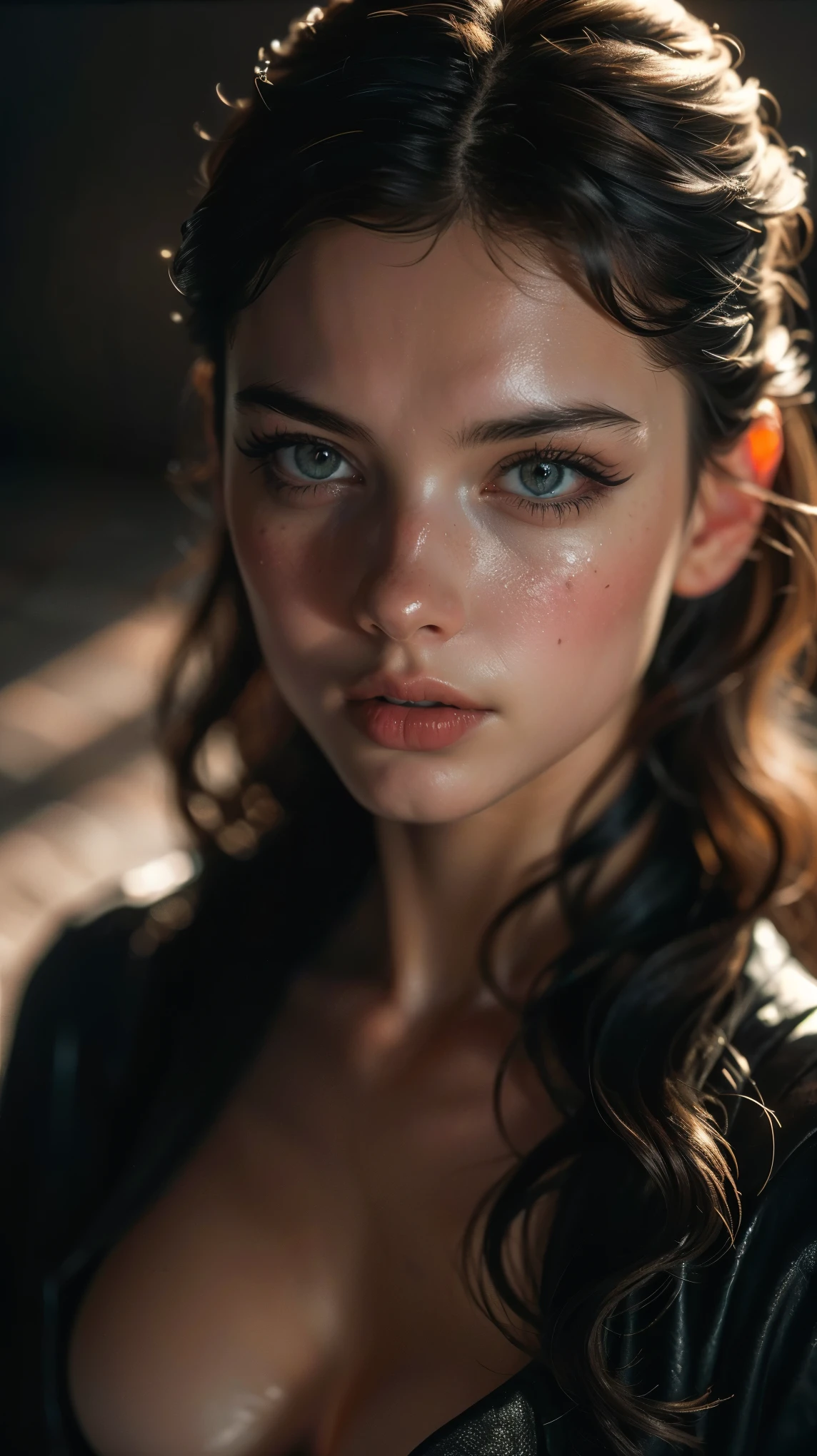 (((ultra realistic))) Photo, masterpiece, top quality, (pale skin), (Ultra detailed face and eyes:1.2), Bright yellow eyes, 1 girl, naked, (Eye makeup, mascara), (plump detailed lips), ((Dark wavy hair)) , ((Stylish hairstyle)) , (Natural breasts). ((Posing)), photoshoot, studio (Contour lighting), (The play of light and shadows), depth of field, bokeh, (special attention to skin detail: 1.2), Detailed leather texture, skin pores. ((Dark and gloomy atmosphere of the frame. color scheme - black, Gray, ash tones)), ((Film grain, VHS effect)), ((rays)) , ((flare)), ((portrait, close to the camera, view from above)) , ultra detialed,