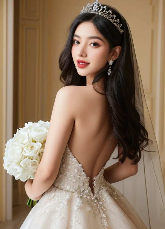 pixar, 1girl, black_hair, bouquet, bridal_veil, bride, curtains, dress, flower, indoors, jewelry, lipstick, long_hair, looking_back, makeup, realistic, solo, tiara, veil, wedding_dress, white_dress, depth of field,looking at viewer,goddess, detailed facial features, realistic face, looking at the camera, perfect cute face,perfect lips,detailed lips, perfect eyes, detailed eyes, perfect teeth detailed teeth, perfect round eyeballs,detailed eyeballs, perfect nose, detailed nose,perfect skin, detailed skin, perfect fingers extreme detailed, detailed fabric and textures, beautiful and aesthetic, proportion body ,global illumination, shadows, octane render, ultra sharp, detailed, official art, unity 8k wallpaper, ultra detailed