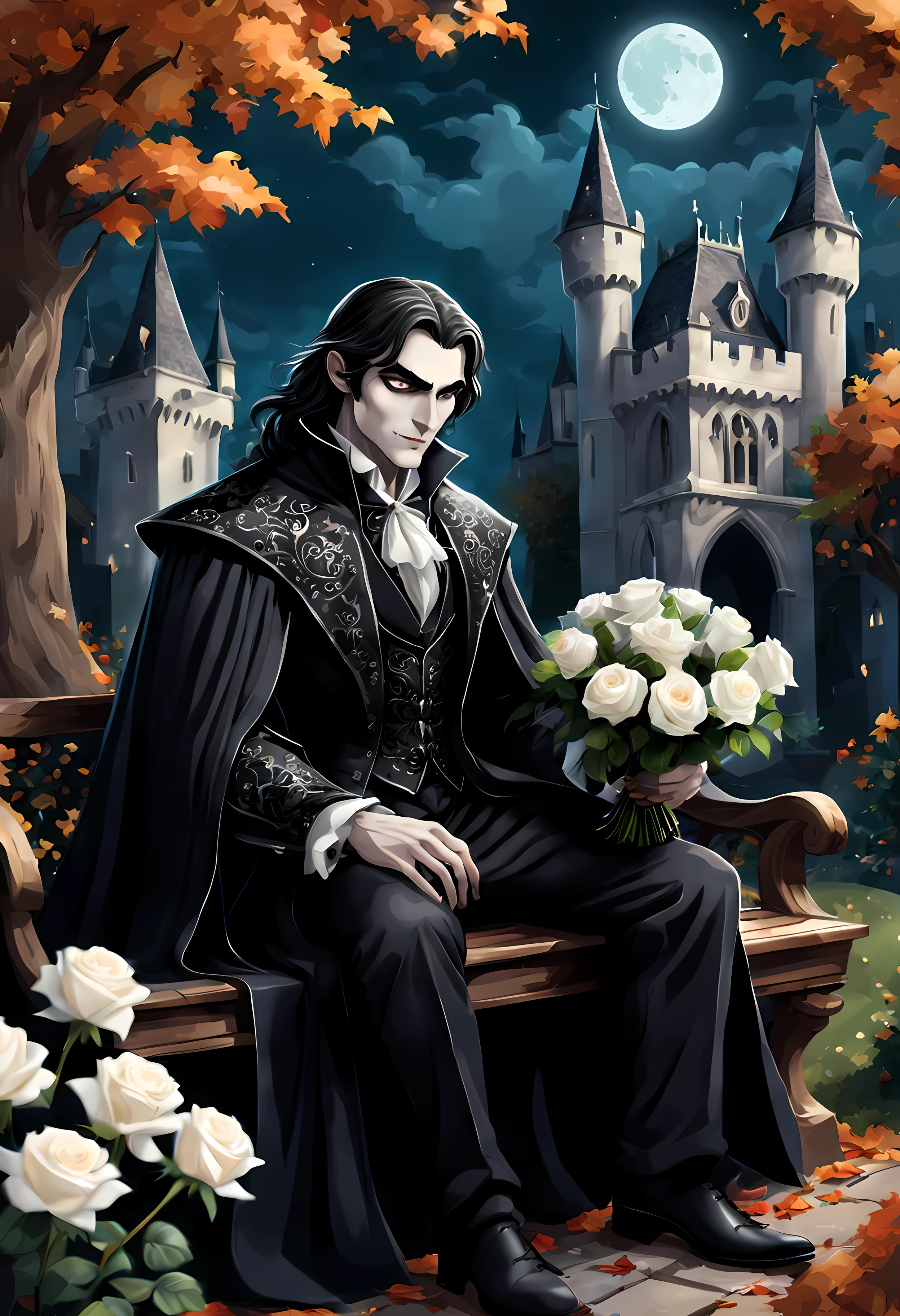 Perfect Hands, masterpiece in maximum 16K resolution, (cute cartoon style:1.3), a (((solo))) ((close up)) of a handsome vampire (male) sitting on an elegant bench in a moonlit autumn garden, ((complex rich gothic patterns)), the vampire is wearing an elegant flowing gown, he has (vivid green eyes), and long black hair, ((holding a bouquet of white roses in his hands)), gothic castle in the background. | ((More_Detail))