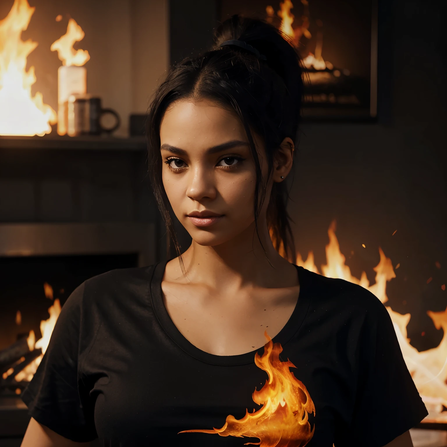 a girl's sloppy appearance mulatto with ponytail black hair, fire, black T-shirt, flames, elegant, digital painting, concept art, sharp focus, illustration