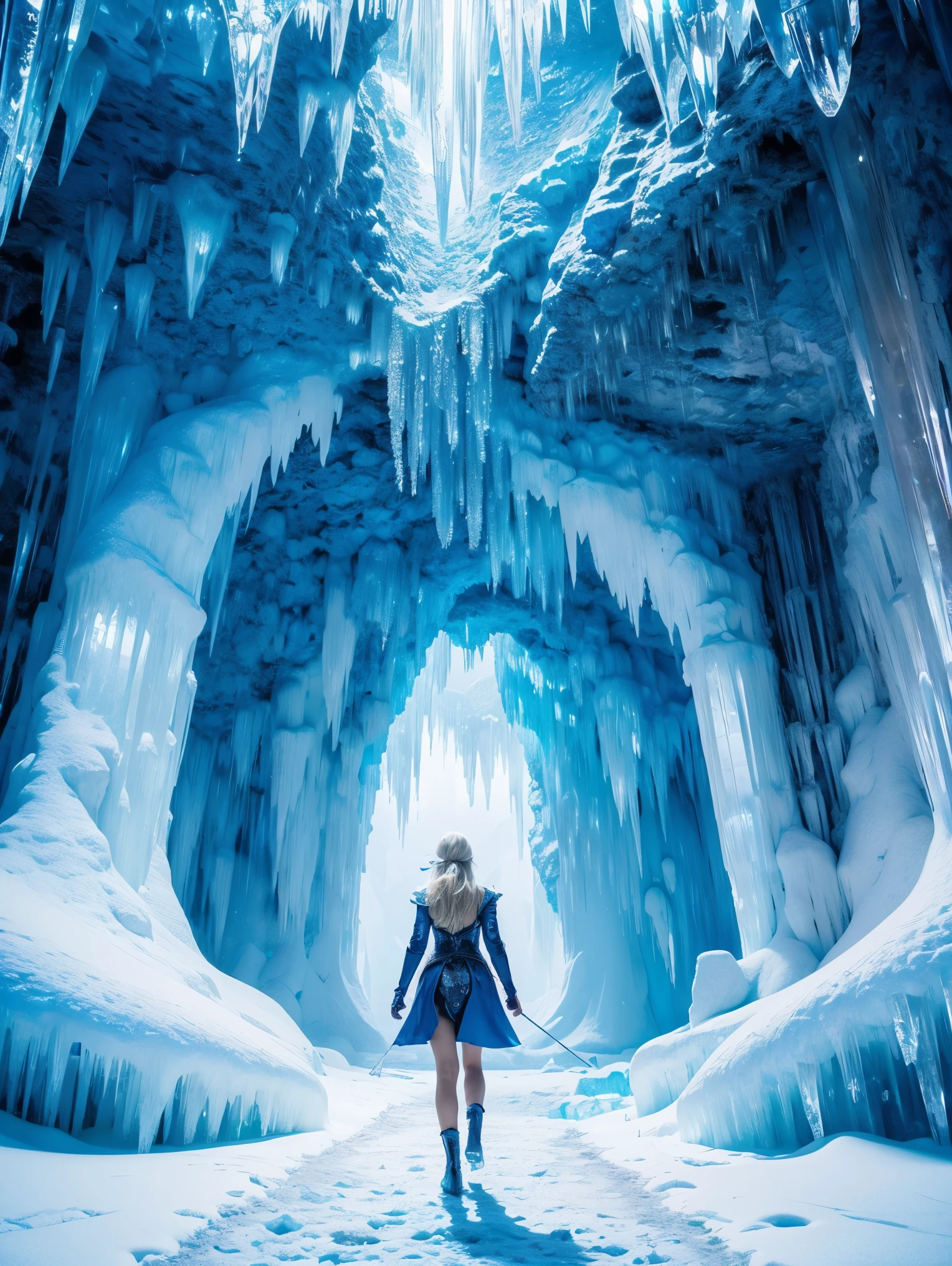 From back, (masterpiece), (best quality), extremely delicate and beautiful, illustration, (fantasy landscape), A mesmerizing fantasy landscape with enchanting elements blending seamlessly. (A gorgeous European woman, age 23, blonde hair), dressed like a ((futuristic scientific explorer)), ((walking in a Majestic crystal and ice and snow cave mine)), adorned with vibrant blue hue glow reflecting off the surroundings. A sense of tranquility and wonder fills the air, inviting exploration and discovery, depth of field, HDR.(((SFW)))