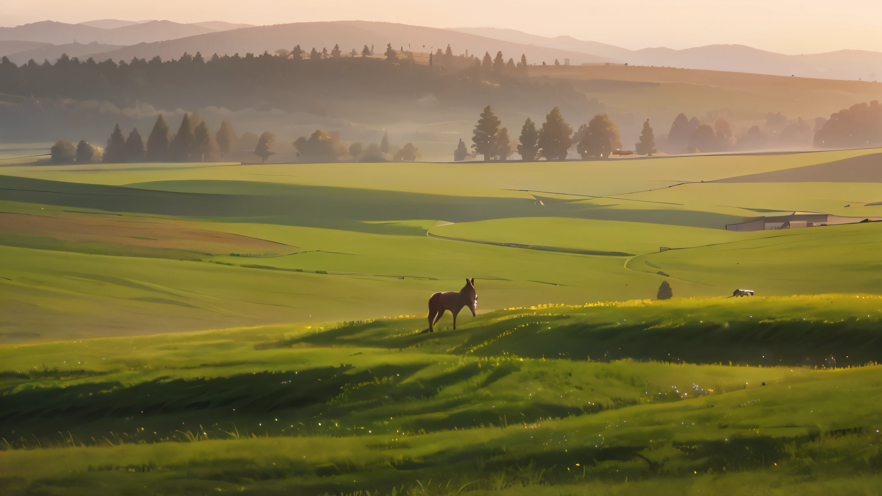  a wide shot of a vast landscape with rolling hills and a distant forest, where the horse stands alone, looking forlorn and out of place. The scene should evoke a sense of beauty and isolation 