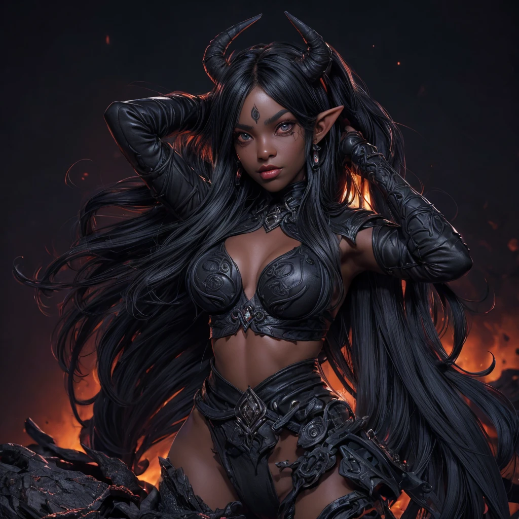 beautiful, (masterpiece:1.2), (best quality:1.2), perfect eyes, perfect face, perfect lighting, (1girl), (black blueish skin), dark elf, tiefling, demon horns, (demon skin), (black pupils), (black eyes) crop-top, covered nipples, arms behind head, nude, upper body focus, hell background, lava background,underboobs
