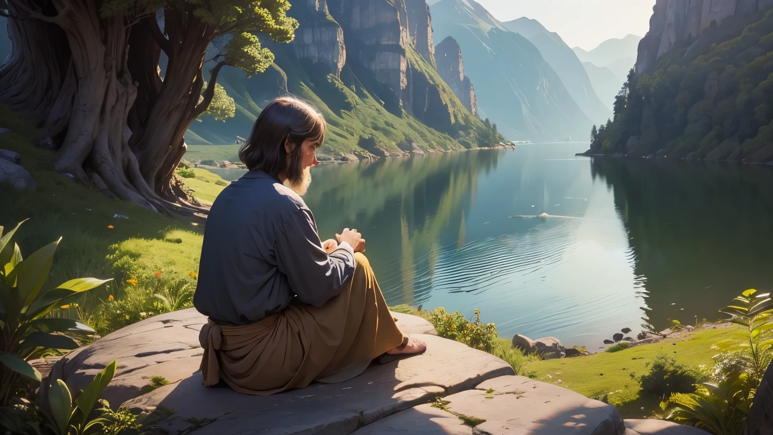 um monge sabio sentado em uma pedra observando a natureza. he wears typical clothes and has an air of wisdom and peace.