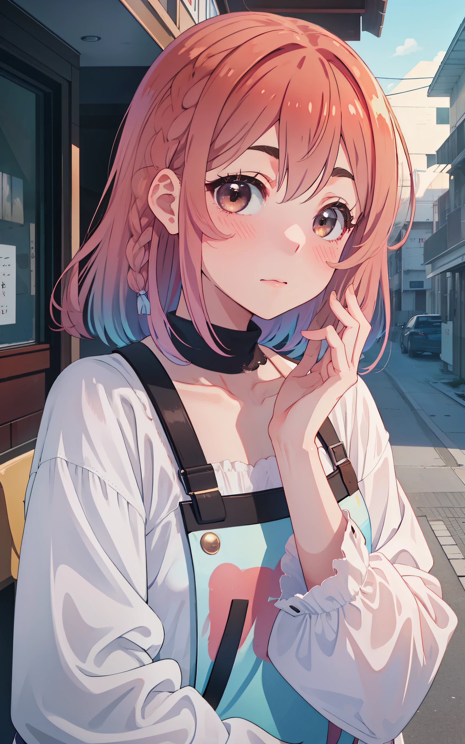 1girll, Solo, Sakurasawa Sumi, Braid, Brown eyes, Powder blue gradient hair, Medium hair, Shy, (Masterpiece:1.2), A high resolution, Best quality, 8K, Very clear,Gradient manicure for thick lashes