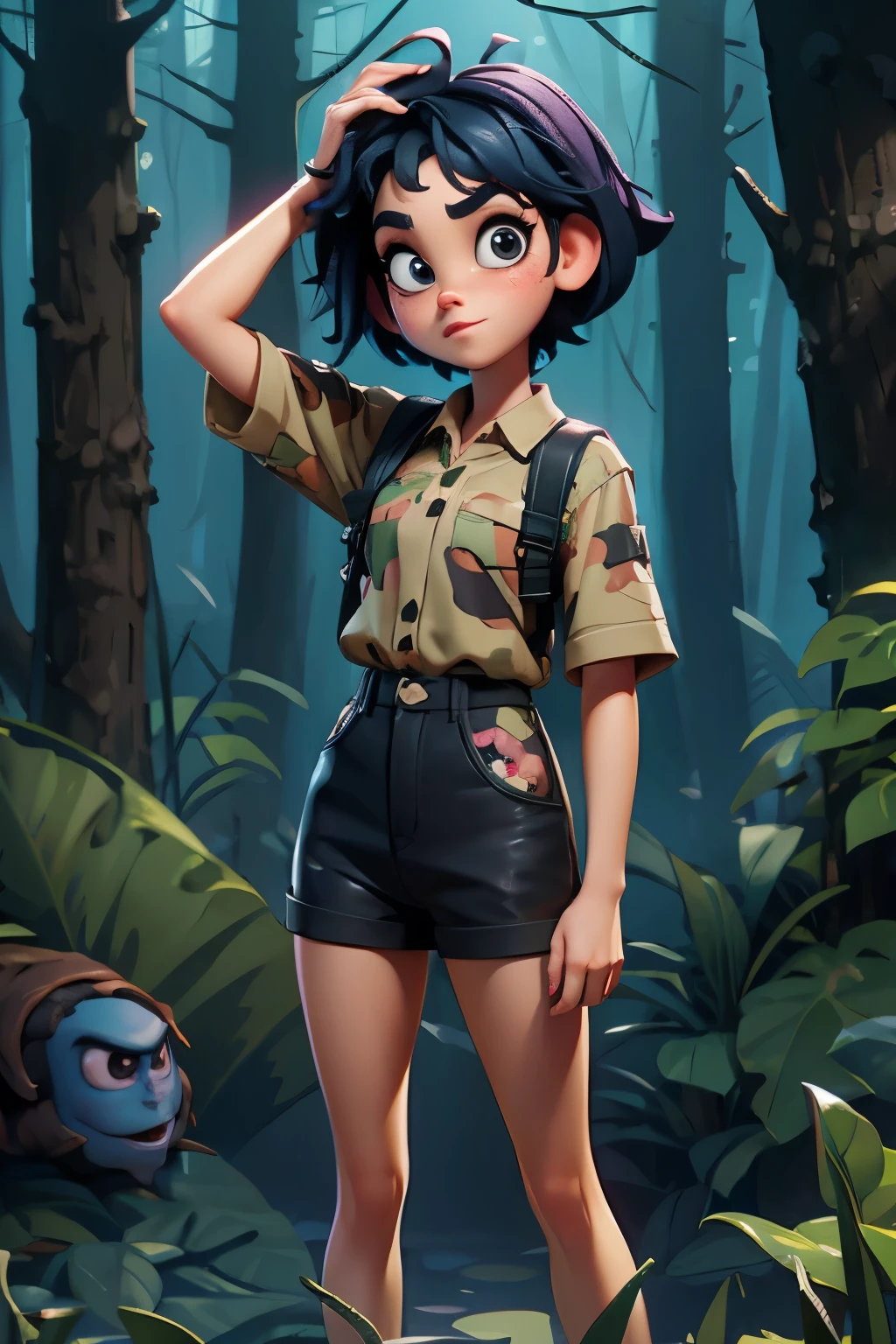 hunter gorgeous, dark forest, (((pixar))), dynamic, cammo shirt, black shorts, very short hair