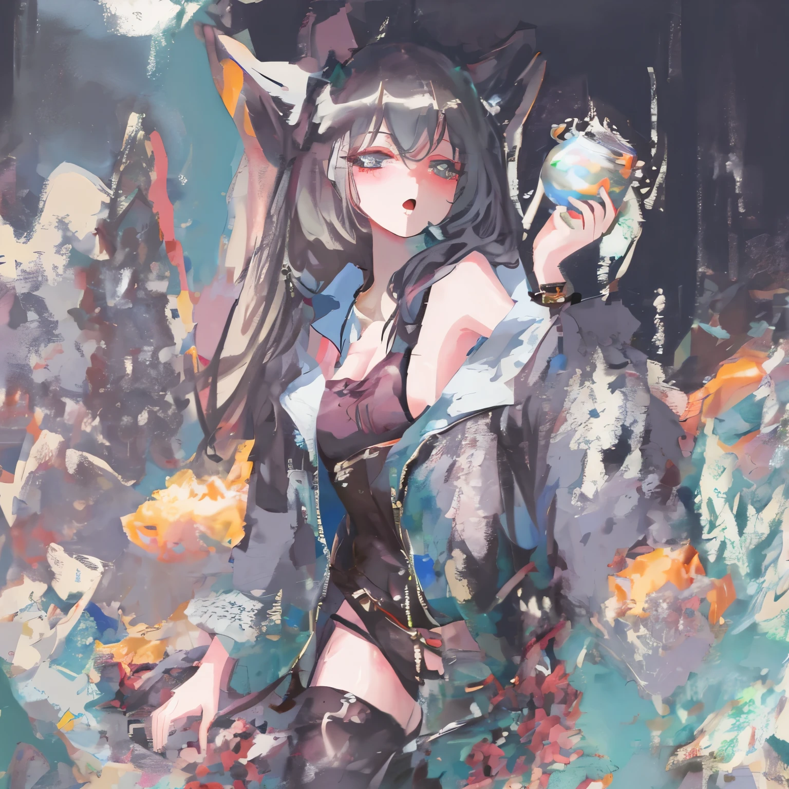 Snow fox(me), fur body, full body, earphones(color deep dark blue), deep dark blue(Snow fox), Neon(Snow fox), UWU, light(RGB), DJ, glow(light), 4 ear 2 tail, master piece, name(Snow), girl(young), jacket(deep dark blue), space time, soft, collar(star), flutty tail, character(Snow fox), 8K, long hair, winter(foggy), foggy(deep dark blue), thick fog, feeling(despair), cry, vampire, necklace, blood bag(eat), blood, young girl, bloody, 10 years, succubus, 100% succubus sexual tattoo, 100% demon sexual tattoo, succubus sexual tattoo glow, demon sexual tattoo glow, phone, full body succubus sexual tattoo, full body demon sexual tattoo, nude, eat wine, winter, true demon sexual tattoo, true succubus sexual tattoo