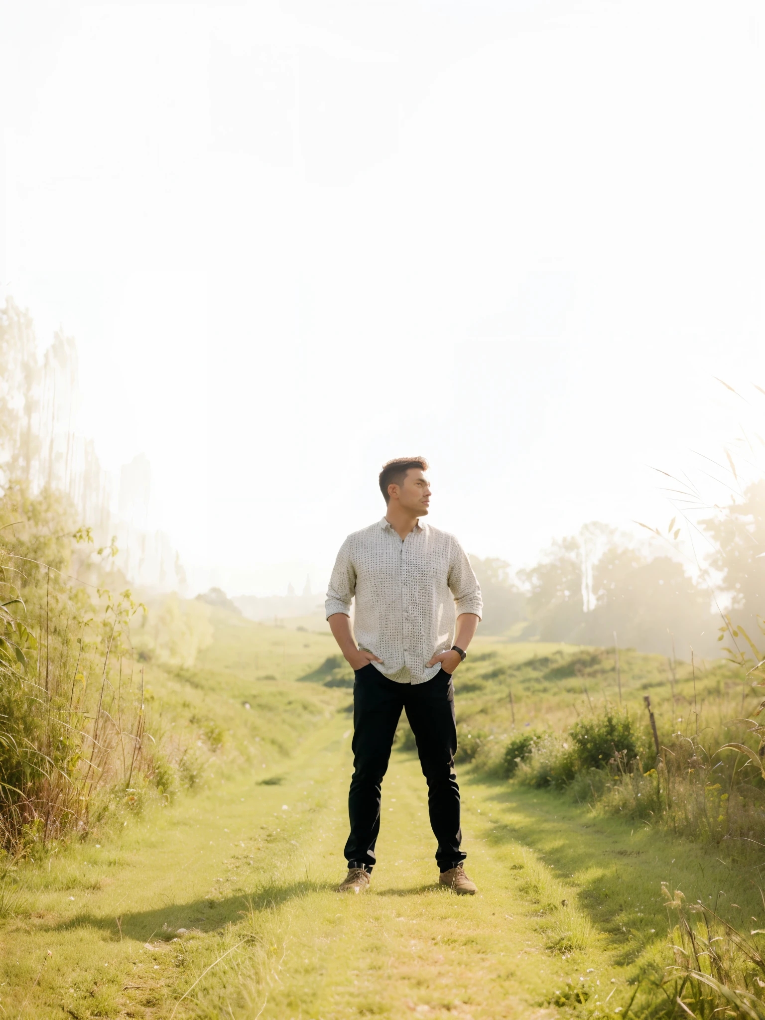 there is a man standing on a path in the middle of a field, amidst nature, distant full body shot, full body photogenic shot, standing in road, distant full body view, cinematic full body shot, standing in grassy field, standing in tall grass, standing in a field, standing in a grassy field, in front of a forest background, cinematic shoot, with fog, 8k image