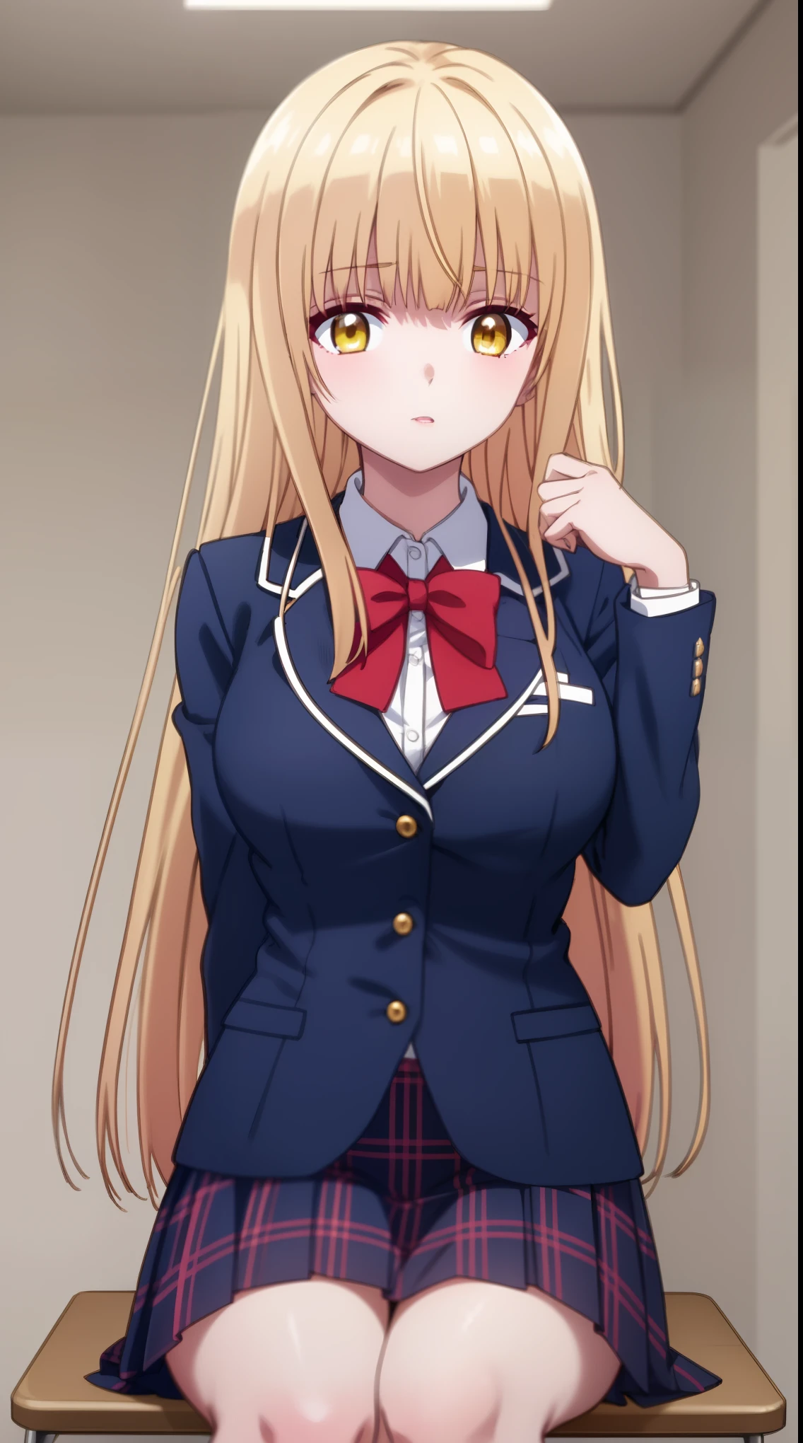 girl, solo, full body, from head to toe, beautiful body, perfect body, nice body, large_breast,

sitting on the chair in the class room,

mahiru shiina, bangs, blonde hair, brown hair, (yellow eyes:1.3),
long hair, skirt, bow, school uniform, jacket, pleated skirt, plaid, plaid skirt, blazer, cardigan, blue blazer, (red bowtie:1.2), lineart,

official art, extremely detailed CG unity 8k wallpaper, perfect lighting, Colorful, (best_quality:1.0), ultra high res,4K, ultra-detailed, 8K, HDR, high resolution,  absurdres:1.2, film grain, blurry background, (vibrant_color:1.2), (narrow waist),