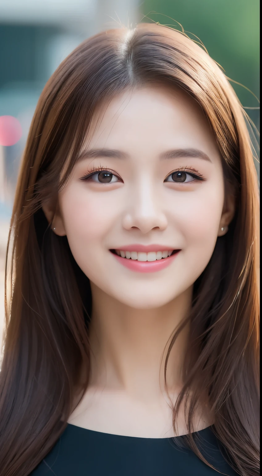 ((Best quality, 8k, Masterpiece :1.3)), 1girl, smiling, full body, slim face, Pretty woman, (Dark brown hair), full length dress :1.1, Ultra-detailed face, Detailed eyes, Double eyelid, blur background, slim face, city, outside, street,