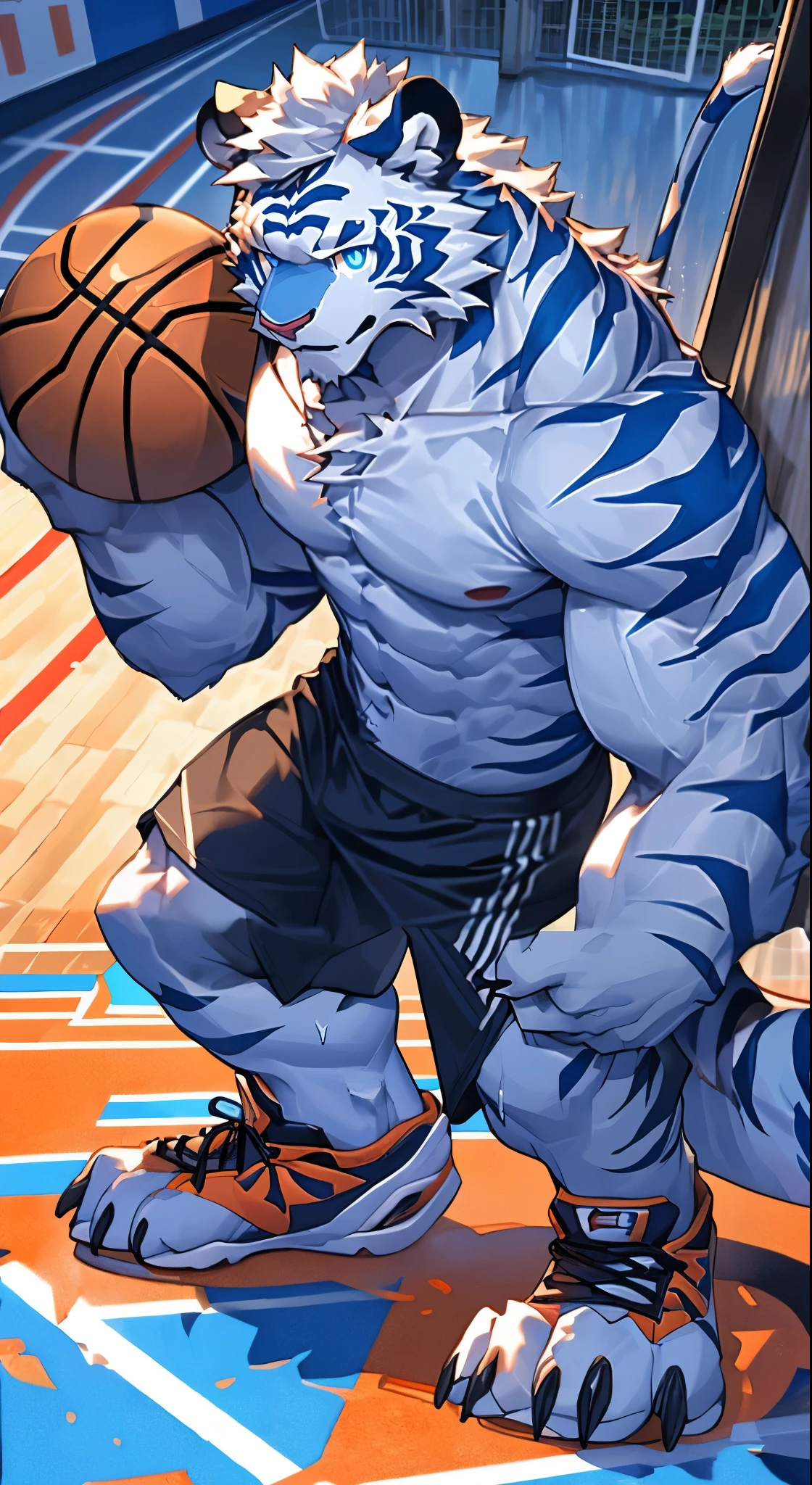 furry，hairy，the white tiger，Claw，hand，Theropods，tiger feet，Tiger claw，老虎的hand，tiger&#39;s feet，Feet，On the basketball court，White tiger，White fur，Black stripes，male，Domineering，strong，sweaty，tempting，stepping on basketball，Step on the basketball under your feet