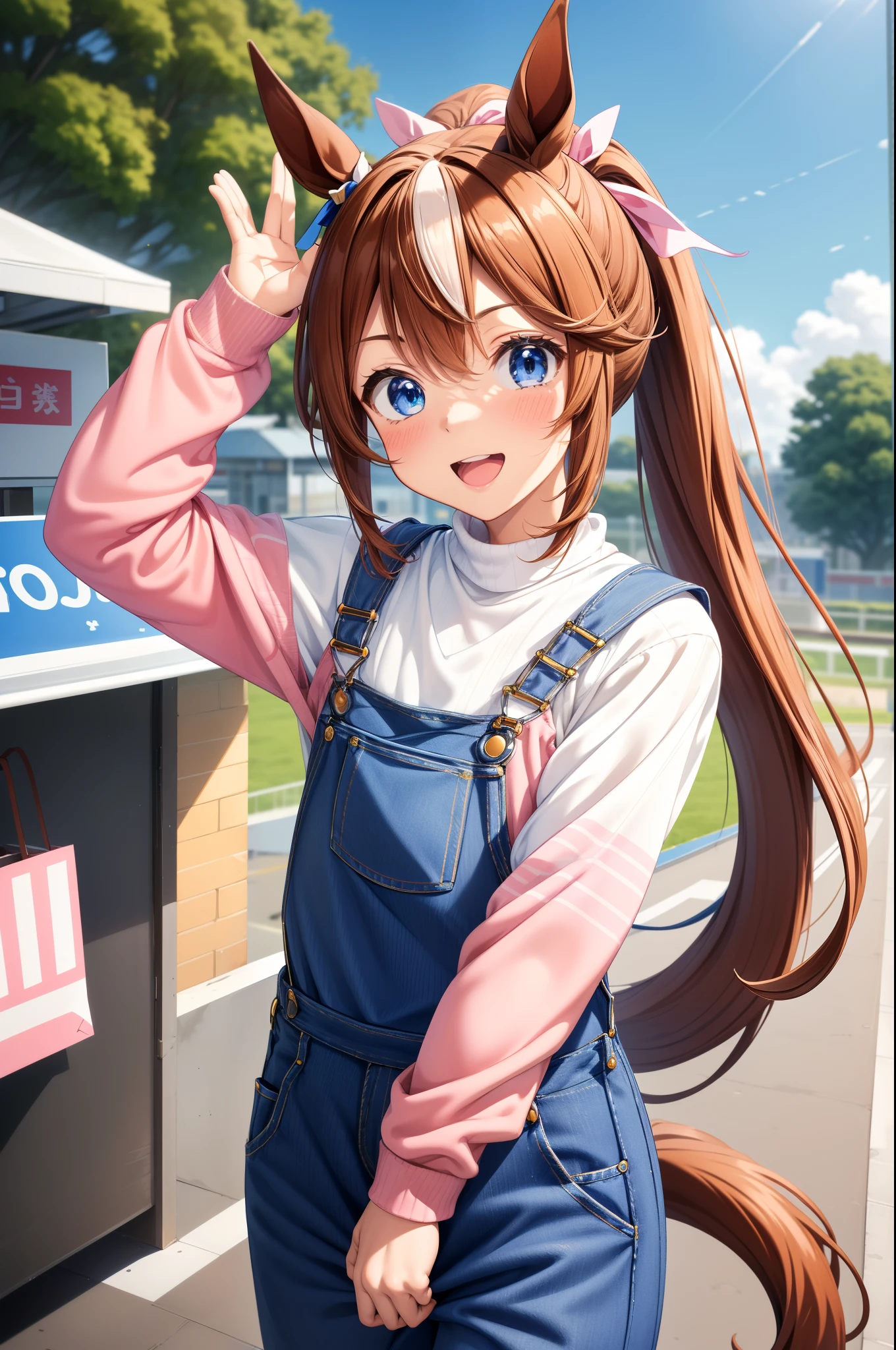 masterpiece, highest quality,
tokai teio \(umamusume\),
From above, upward, look up, smile, open your mouth, brown hair waving, ponytail, (horse ears:1.2), (A brown horse tail grows:1.), blue ribbon on ear, pink ribbon in hair, (overalls:1.3), (Blue jeans:1.2), (white sweater:1.3), shopping, Station background