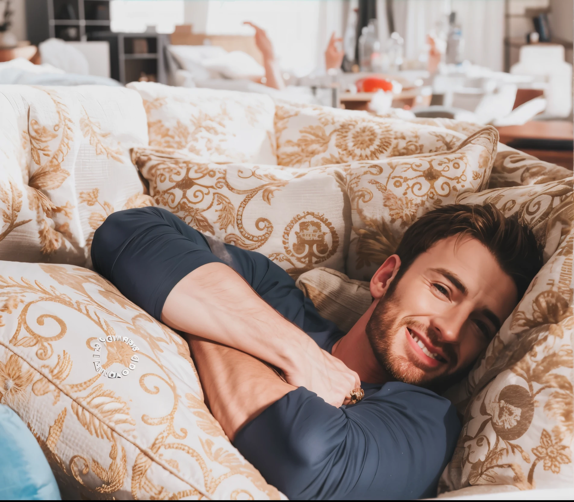 arafed man lying on a sofa with his arms crossed, el esta muy relajado, Chris Evans, recostarse sobre una almohada, Chris Evans peeks out of an egg, relax and smile at the camera, tumbado en la cama, hombre guapo, artem, sentimientos felices y acogedores, Chris Evans hatches from an egg, Chris Evans with a beer belly, acostado en la cama