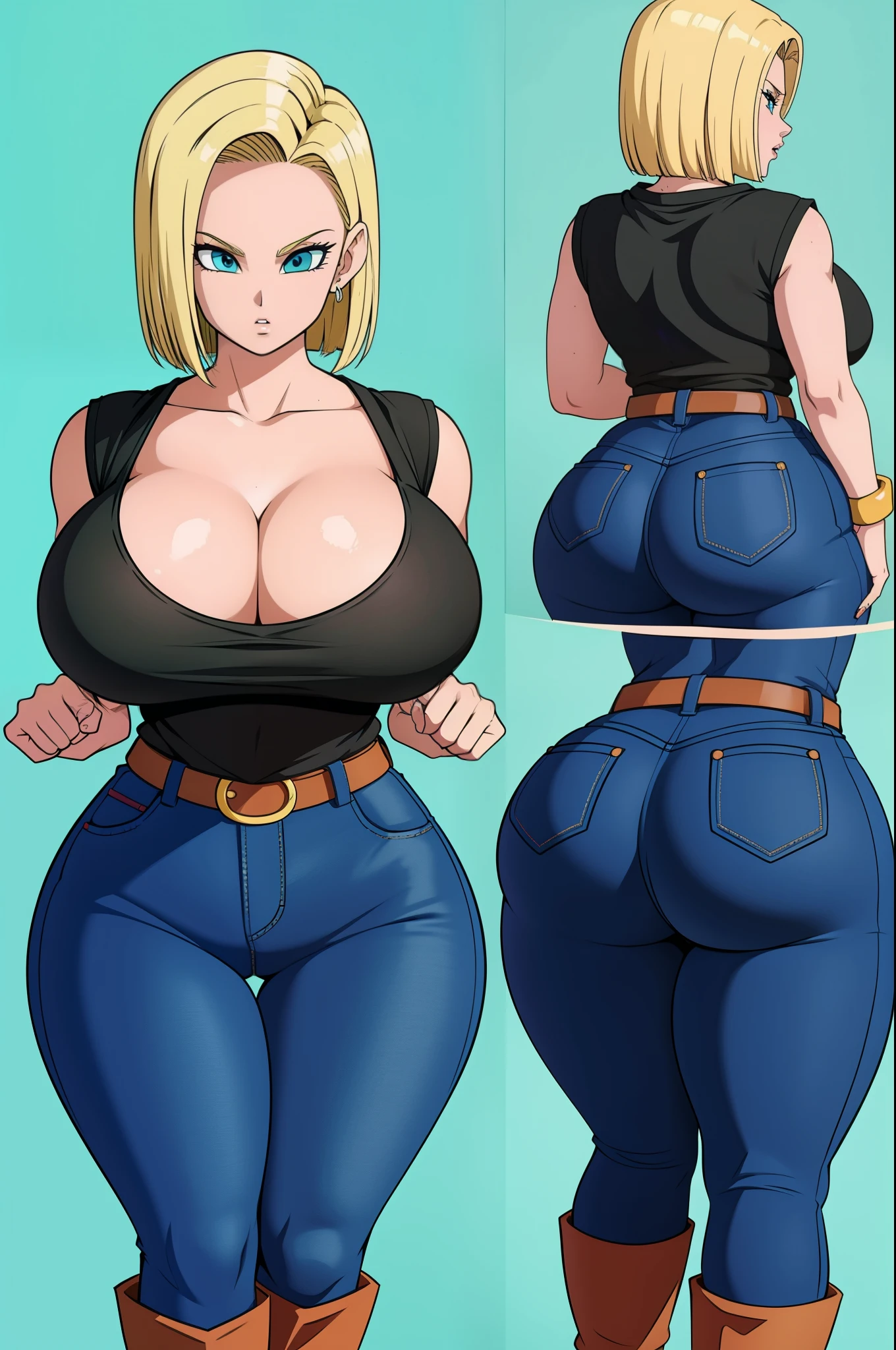 Masterpiece, high resolution, Dragon ball art style, android 18, 1girl, (((bimbo))), puffy lips, painted lips, thick lips, wide hips, thick thighs, big breast, huge ass, revealing cleavage, erotic, sexy face, bubble butt, Brazilian butt lift, camel toe, looking back, blue jeans, tight jeans, Black top, ass motion, walking,
