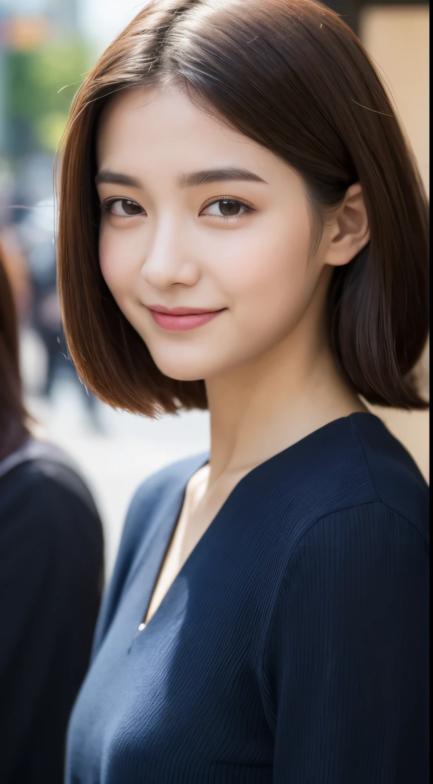 ((best qualtiy,8K,tmasterpiece:1.3)), 1girll, ssmile, (Full body photo), Slim Faces, Beautiful woman, (dark brown hair), full length dress :1.1, Super detailed face, Detailed eyes, 二重まぶた, blur backgroun, Slim Faces, 城市, do lado de fora, the street,