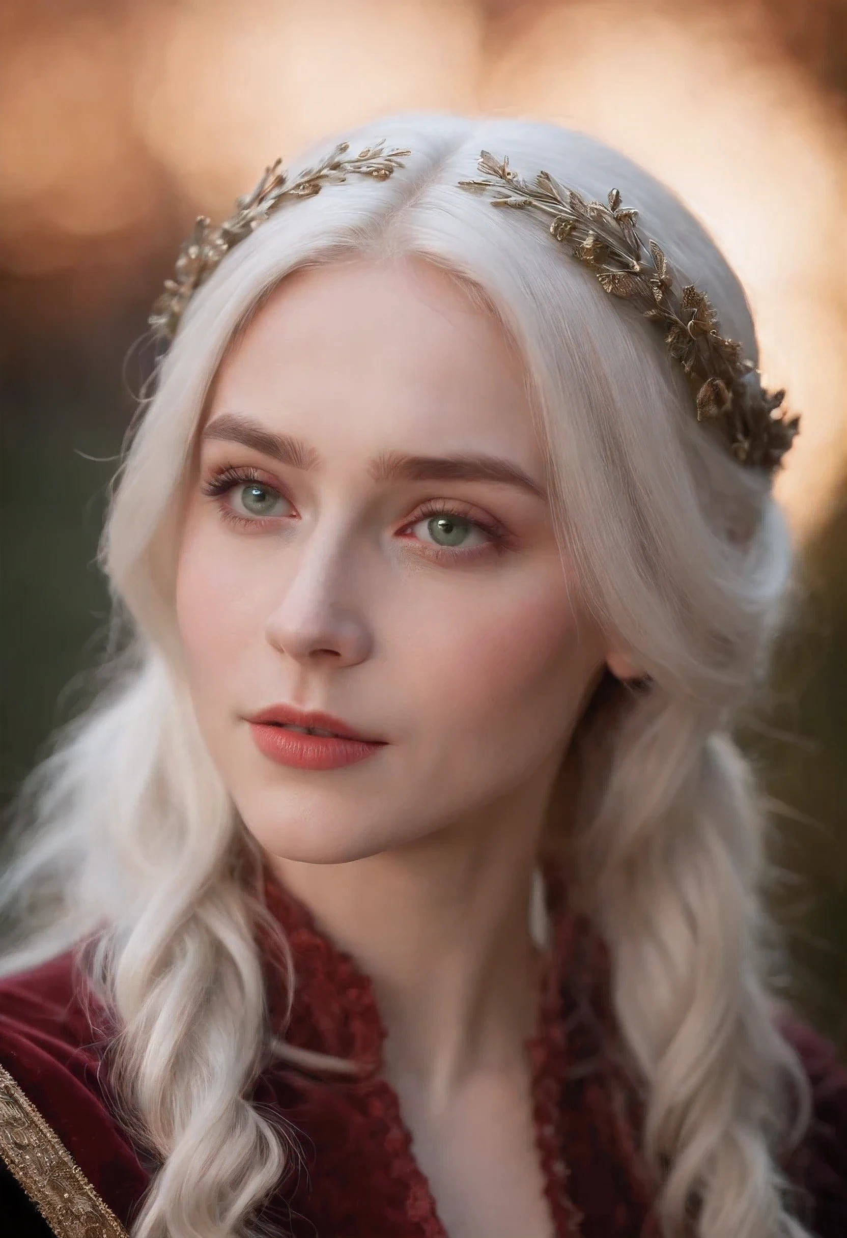 (((a deep reddish wound crosses her left cheek))) fair complexion, woman around 19 years old, natural white hair, distinctive green eyes, wearing kohl, slender and graceful, beautiful, candlelight in a medieval setting, ultra sharp focus, realistic shot, medieval female clothes, tetradic colors (scar:1.4)