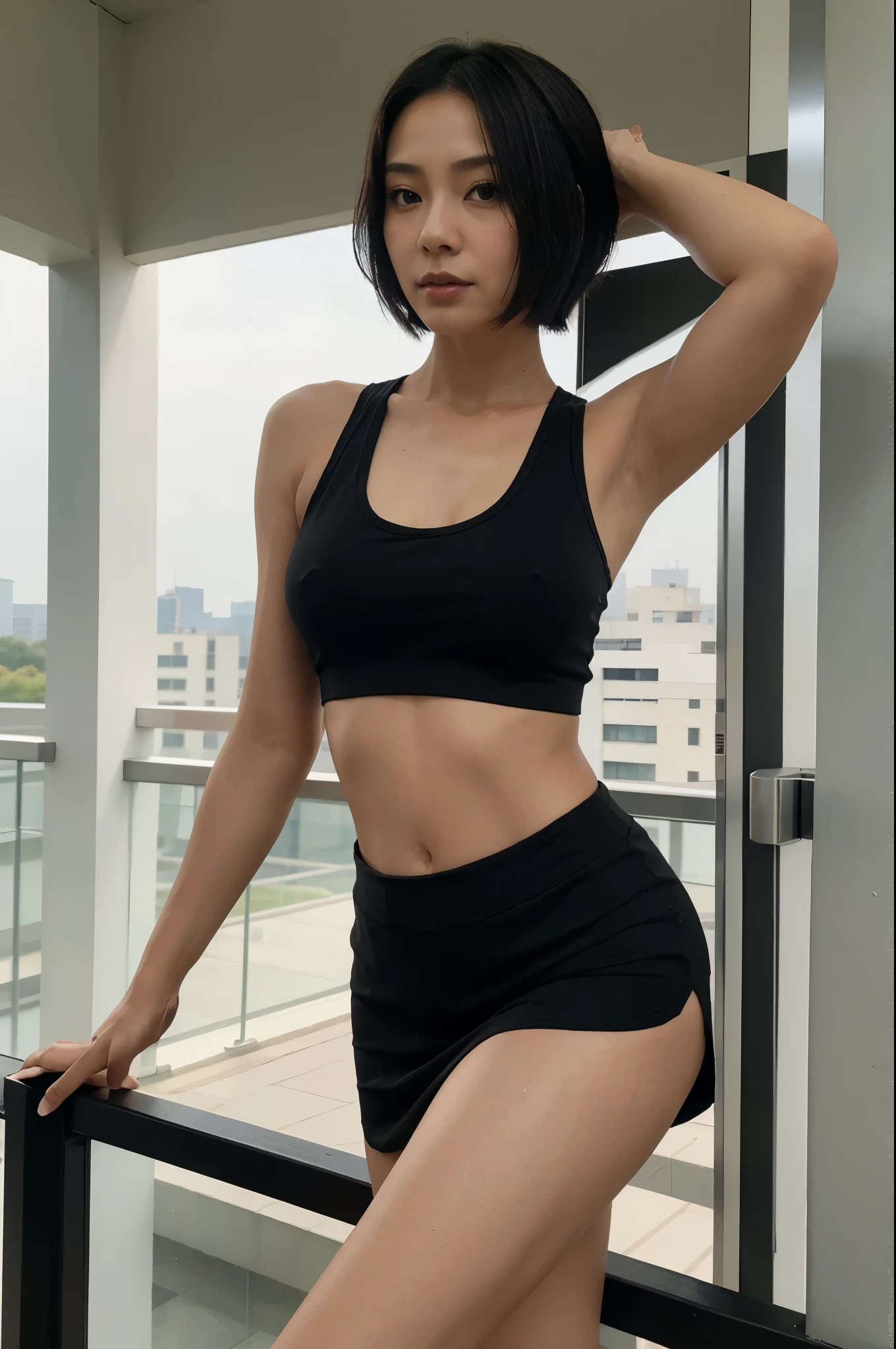 araffe asian woman in a black top and black skirt posing for a picture in balcony, she is wearing a black tank top, wearing a black cropped tank top, wearing a cropped black tank top, cottagecore!! fitness body, tight black tanktop, with short hair, sport bra, heonhwa choe, 奈良美智