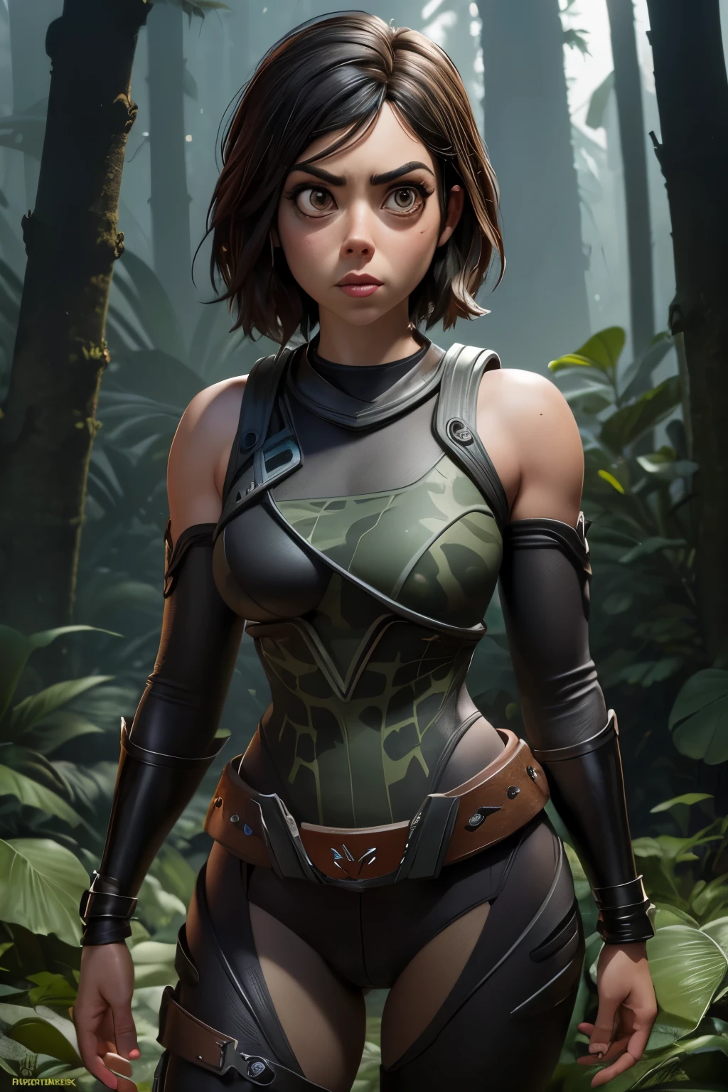 Create an image of a young woman in a dense, lush forest with rays of sunlight breaking through the foliage. The woman must have black skin, short curly black hair, and be dressed in dark brown leather clothing, with bronze details. The atmosphere must convey courage and determination. Use 8k resolution, with fantasy rendering style. Lighting should be soft, with ultra-fine details. The image should tell the story of Valentina in a forest, highlighting her courage and determination