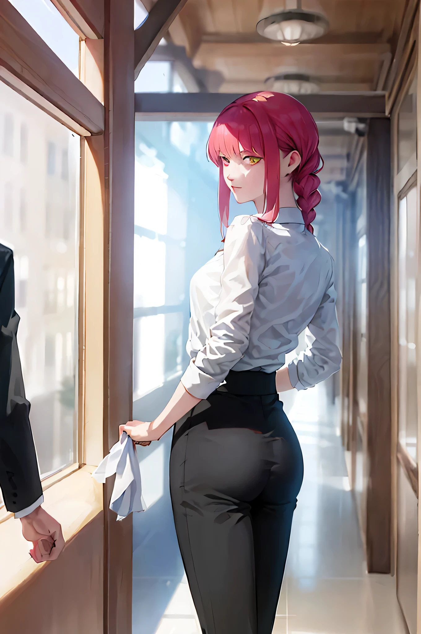 masterpiece, best quality, ultra-detailed, Potrait of beautiful MakimaCSM, solo, shirt, long_sleeves, white_shirt, collared_shirt, pants, from_behind, arms_behind_back, black_pants, formal, suit, arm_behind_back, shirt_tucked_in, facing_away, office_lady, business_suit, high-waist_pants, volumetric lighting, best quality, masterpiece, intricate details, tonemapping, sharp focus, hyper detailed, trending on Artstation, 