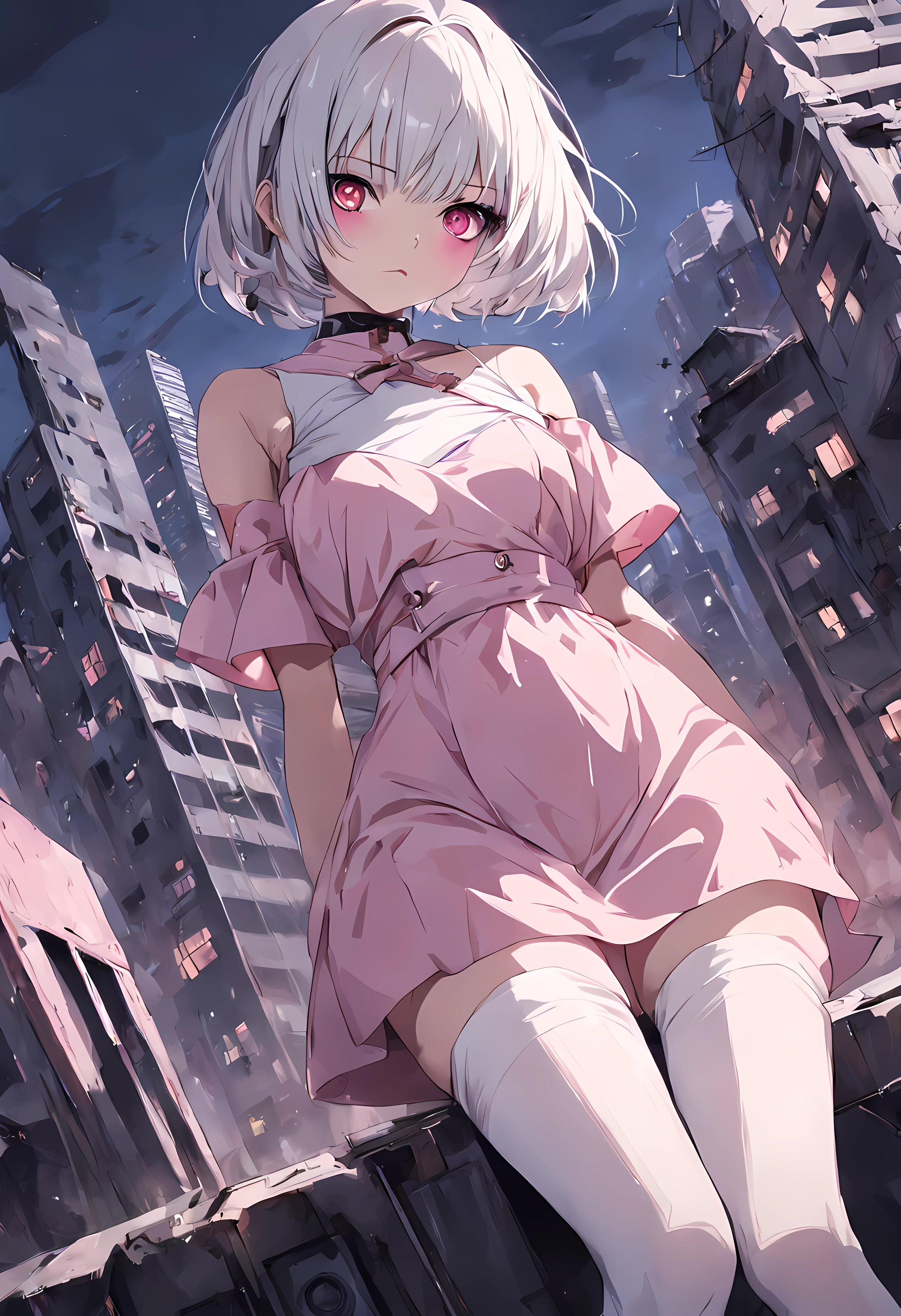 1girl, style:inu totemo, short hair, white hair, pink eyes, white and pastel pink dress, white stockings, ruined apocalyptic modern city, night, looking at viewer, cinematic angle, masterpiece, best quality, detailed background