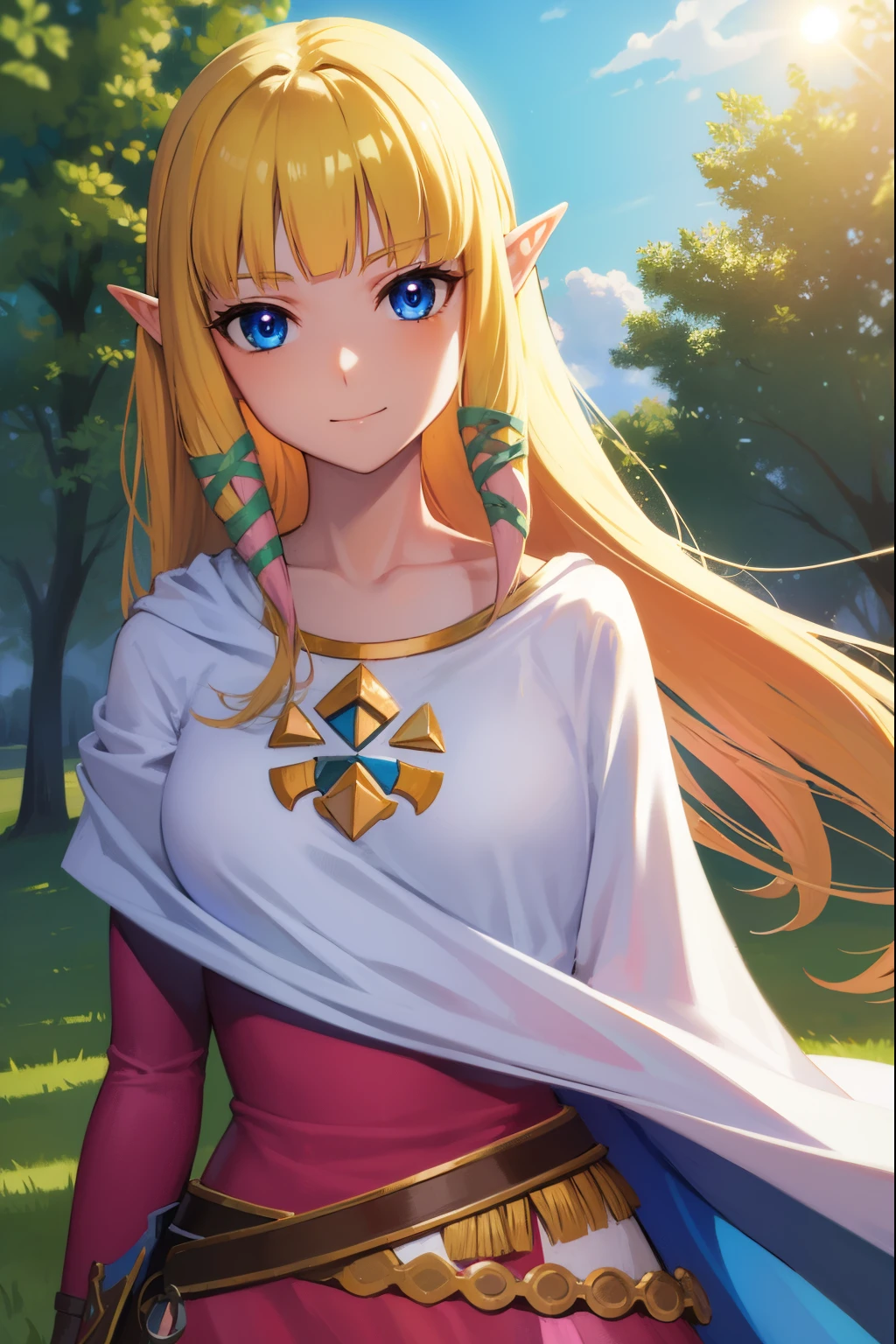 princesszelda, zelda skyward sword, blonde hair, blue eyes, long hair, pointy ears, sidelocks, elf, bangs, blunt bangs, ribbons, hair ribbons, smile,
BREAK belt, cape, dress, long sleeves, (pink dress:1.2), (white cape:1.2),
BREAK outdoors, nature, forest, trees, grass, sun, sky, clouds,
BREAK looking at viewer,
BREAK (masterpiece:1.2), best quality, high resolution, unity 8k wallpaper, (illustration:0.8), (beautiful detailed eyes:1.6), extremely detailed face, perfect lighting, extremely detailed CG, (perfect hands, perfect anatomy),