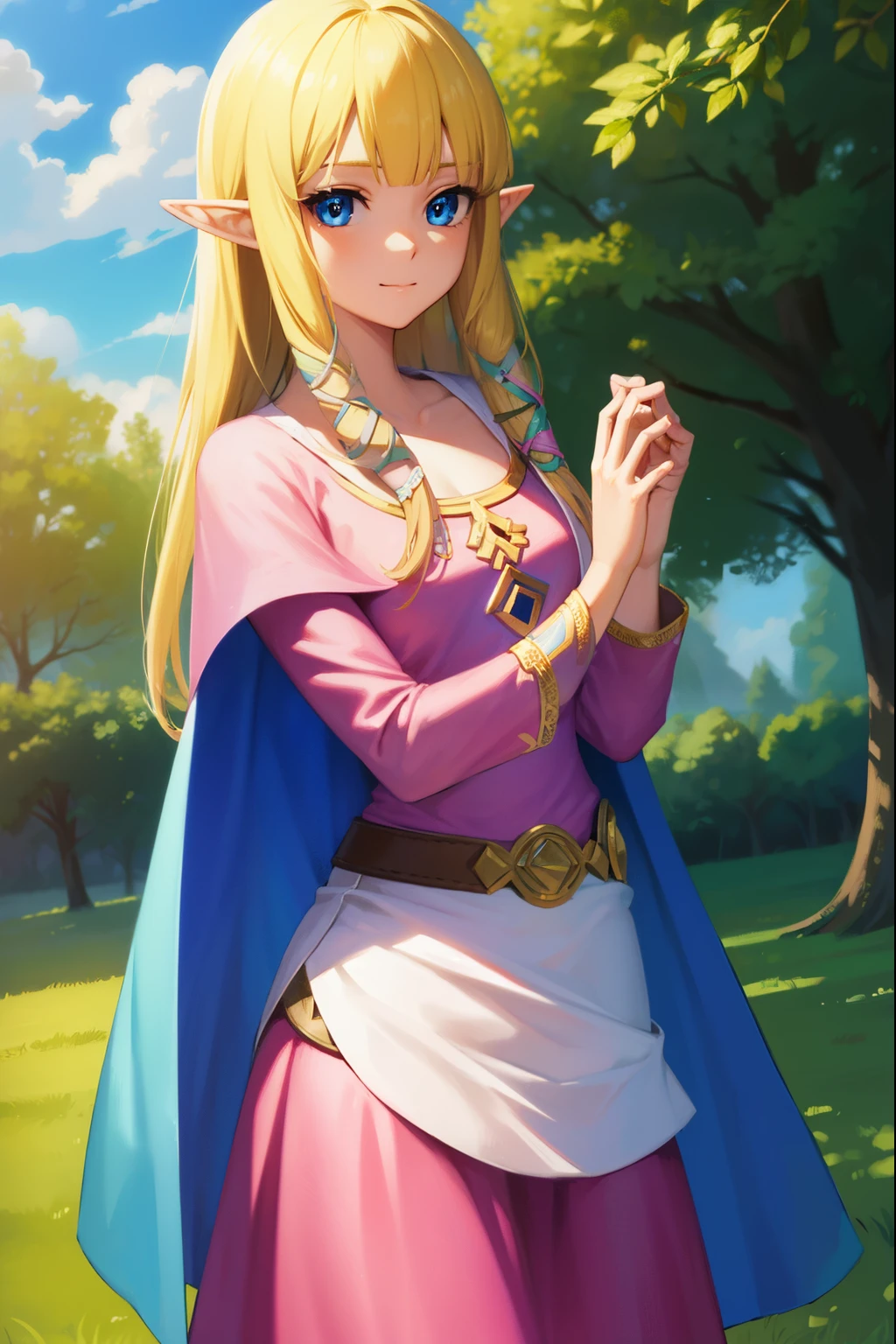 princesszelda, zelda skyward sword, blonde hair, blue eyes, long hair, pointy ears, sidelocks, elf, bangs, blunt bangs, ribbons, hair ribbons, smile,
BREAK belt, cape, dress, long sleeves, (pink dress:1.2), (white cape:1.2),
BREAK outdoors, nature, forest, trees, grass, sun, sky, clouds,
BREAK looking at viewer,
BREAK (masterpiece:1.2), best quality, high resolution, unity 8k wallpaper, (illustration:0.8), (beautiful detailed eyes:1.6), extremely detailed face, perfect lighting, extremely detailed CG, (perfect hands, perfect anatomy),