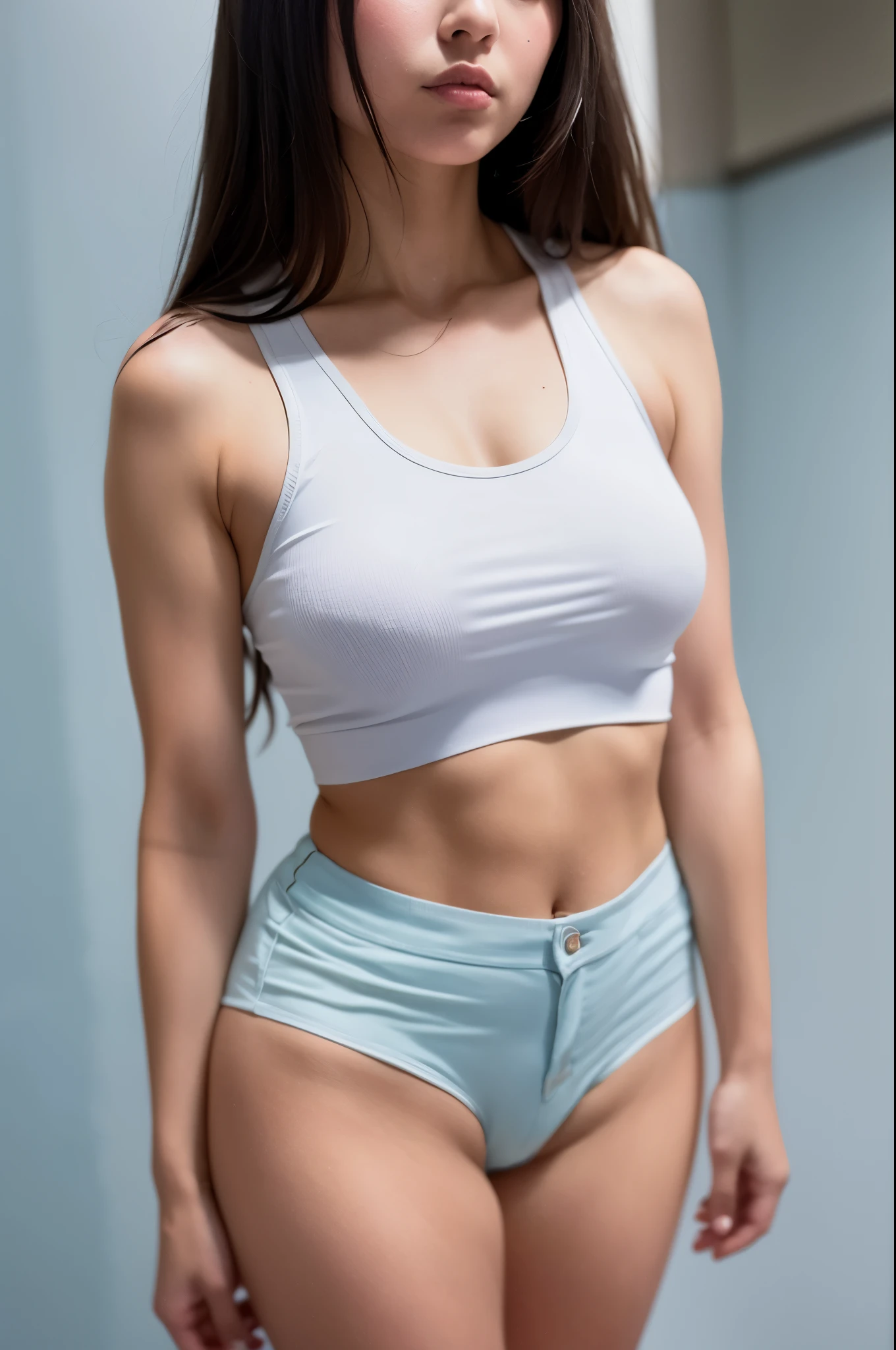 An ultra-detailed 8k masterpiece best quality and high saturation. The image features a clothing illustration with a stunning thick european brunette girl wearing a uranian blue waist high shorts and a white tank top, F cup, white sneakers, and a blue background.
