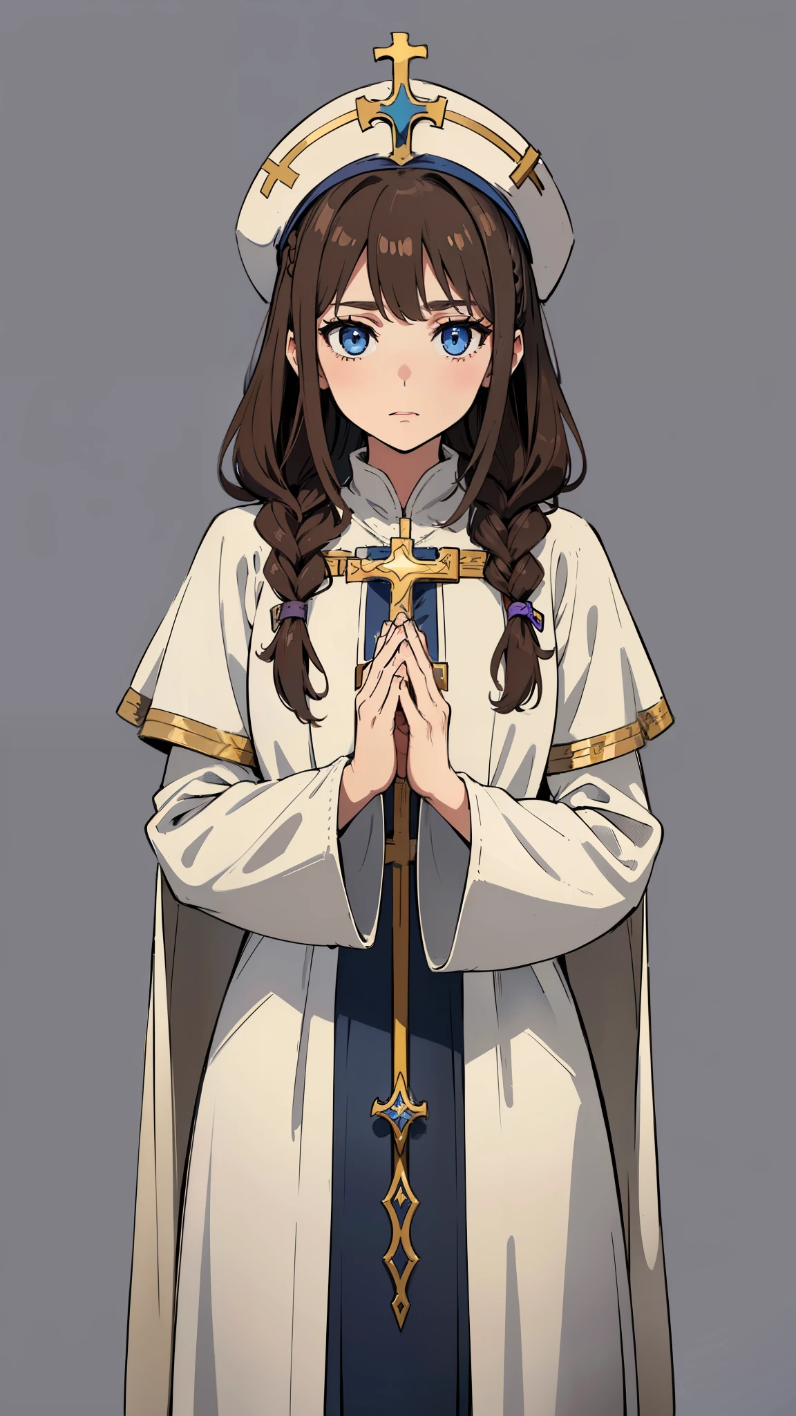 masterpiece, detailed, character, dungeons and dragons character, 1girl, Human girl, human cleric, human healer, (brown hair) medium hair, (two side hair braid), cute face, detailed face, detailed eyes, blue eyes, ((holding [holy cross|staff] in hands:1.1)), (wearing fantasy (healer cleric robe (holy cleric outfit)), outfit with hat), ((simple background, grey color background))