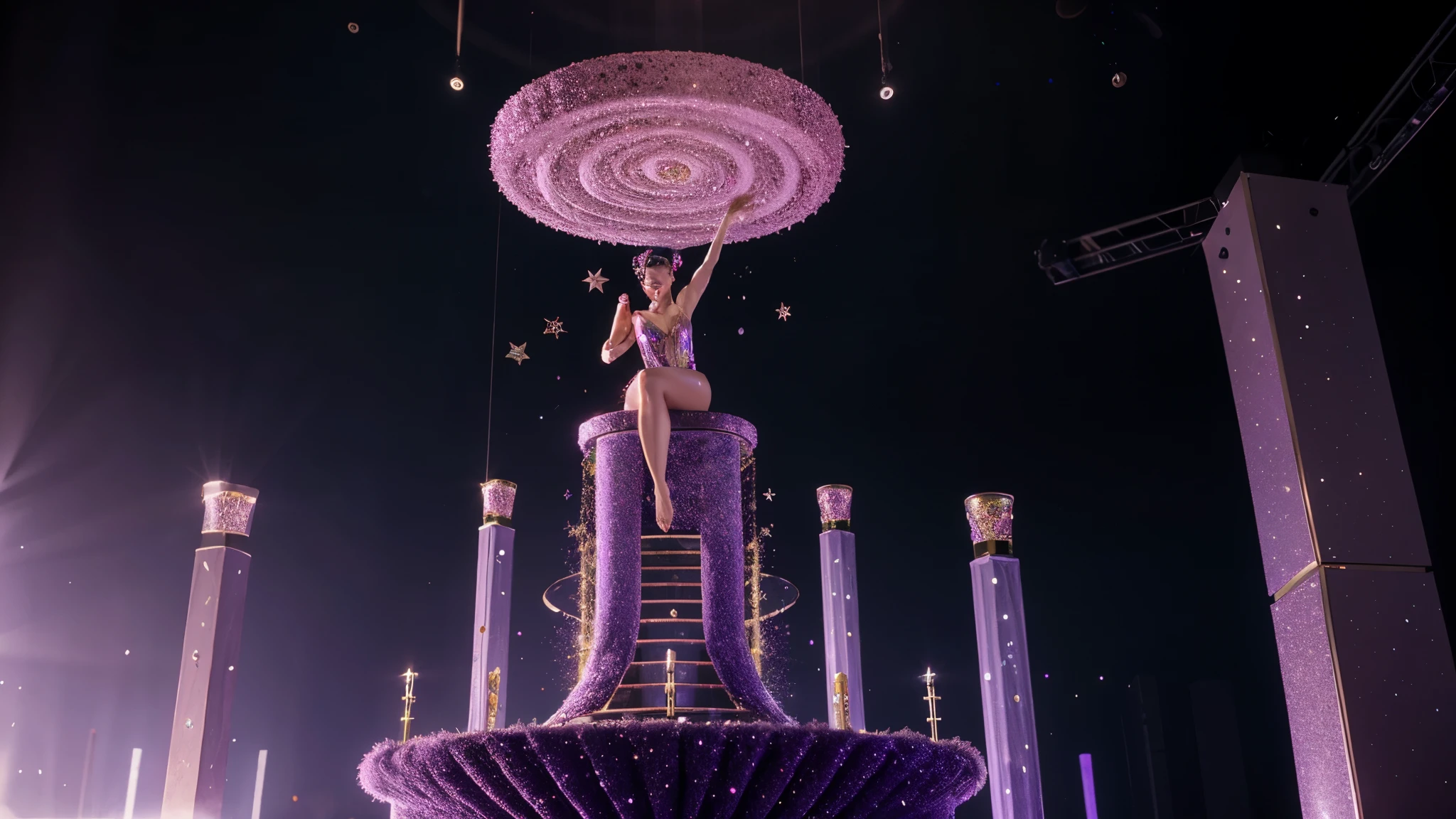 A podium floating in mid-air, surrounded by swirling particles of glitter and fairy dust, displaying magical and otherworldly cosmetics.