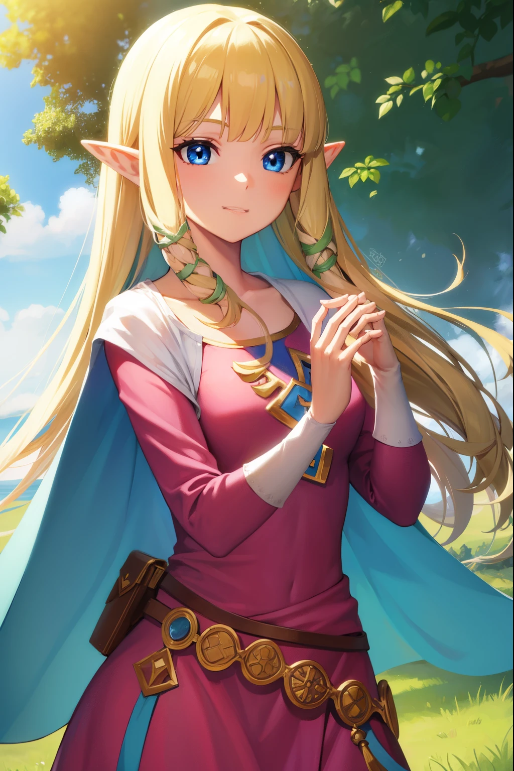 princesszelda, zelda skyward sword, blonde hair, blue eyes, long hair, pointy ears, sidelocks, elf, bangs, blunt bangs, ribbons, hair ribbons, smile,
BREAK belt, cape, dress, long sleeves, (pink dress:1.2), (white cape:1.2),
BREAK outdoors, nature, forest, trees, grass, sun, sky, clouds,
BREAK looking at viewer,
BREAK (masterpiece:1.2), best quality, high resolution, unity 8k wallpaper, (illustration:0.8), (beautiful detailed eyes:1.6), extremely detailed face, perfect lighting, extremely detailed CG, (perfect hands, perfect anatomy),