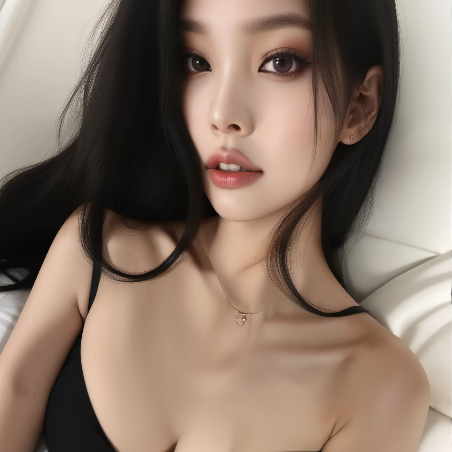 masutepiece,Best Quality, Ultra-detailed,Photorealistic,1girl in, Solo, (Beautiful detailed eyes), eye reflections, Symmetrical eyes, (beautiful and detailed face), Detailed lips:1, Detailed iris, Detailed skin:1,Female masturbation,NSFW,Korean Beautiful Girl,Spread ,crotch grab,on top of the bed，(Lying on her back in bed:1.5)