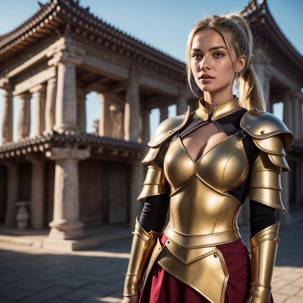 (8K, best quality:1.2), (masterpiece:1.37), (photo, photorealistic:1.37), (ultrahigh-res), half body, walking pose, shot from front, slow motion, female paladin in armour, (light silver and gold armour:1.2),(ornately decorated armor), (insanely detailed, bloom:1.5), (highest quality, concept art, 4k), (analog:1.2), (high sharpness), (detailed pupils:1.1), detailed face and eyes, Masterpiece, best quality, (highly detailed photo:1.1), (long blonde Hair, ponytail,ecstatic:1.1), (young woman:1.1), sharp, (perfect body:1.1), realistic, real shadow, 3d, (temple background:1.2), arms crossed over the chest 
photographed by Canan EOS R6, 135mm, 1/1250s, f/2.8, ISO 400