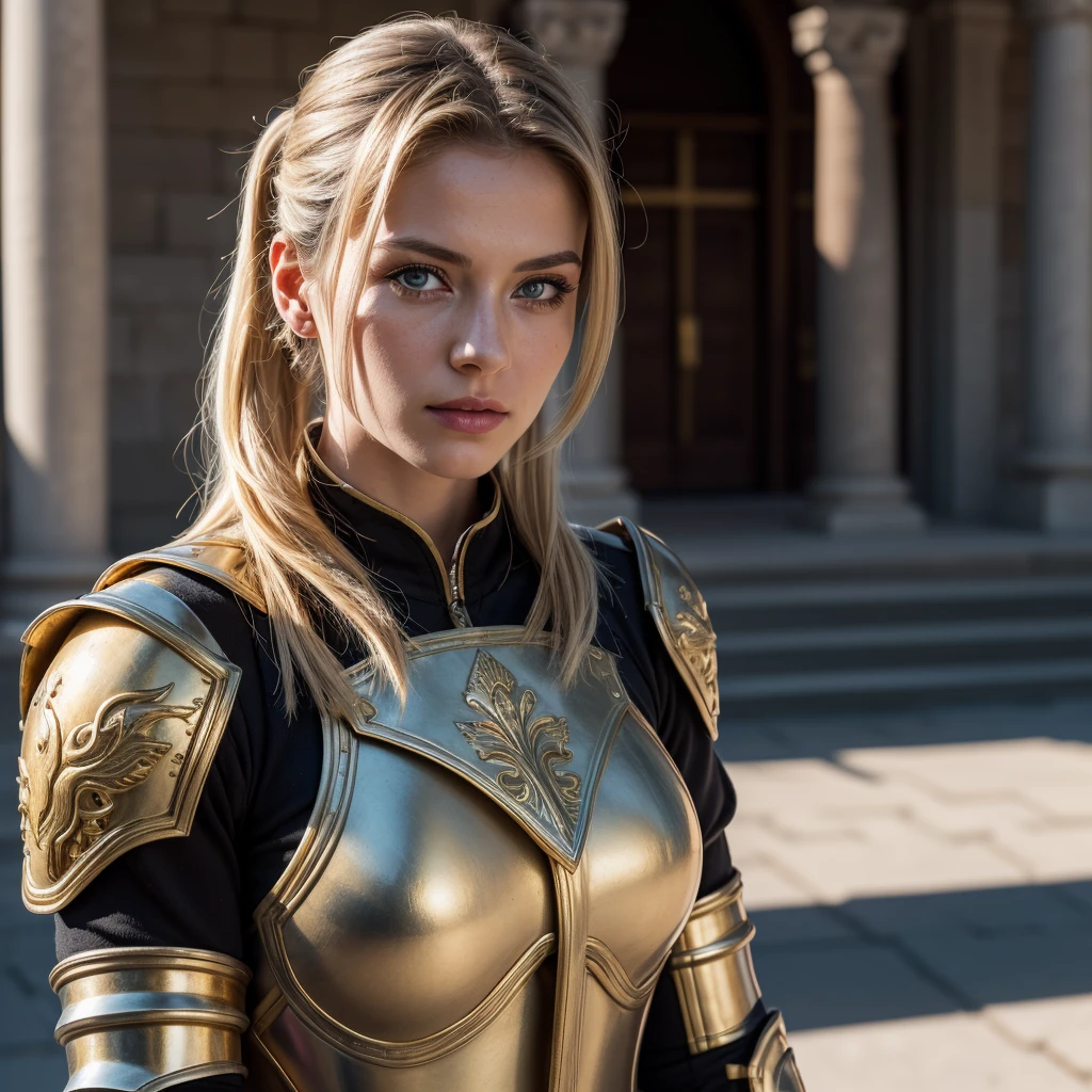 (8K, best quality:1.2), (masterpiece:1.37), (photo, photorealistic:1.37), (ultrahigh-res), half body, walking pose, shot from front, slow motion, female paladin in armour, (light silver and gold armour:1.2),(ornately decorated armor), (insanely detailed, bloom:1.5), (highest quality, concept art, 4k), (analog:1.2), (high sharpness), (detailed pupils:1.1), detailed face and eyes, Masterpiece, best quality, (highly detailed photo:1.1), (long blonde Hair, ponytail,ecstatic:1.1), (young woman:1.1), sharp, (perfect body:1.1), realistic, real shadow, 3d, (temple background:1.2), arms crossed over the chest 
photographed by Canan EOS R6, 135mm, 1/1250s, f/2.8, ISO 400