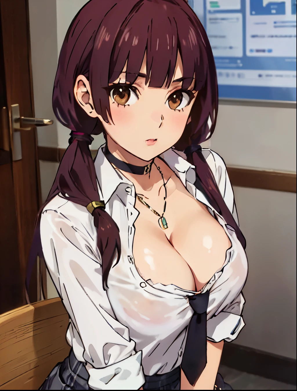 Huge cleavage, (masterpiece, top quality, best quality:1.2) cleavage, (cleavage), 1girl, solo, long hair, looking at viewer, bangs, brown hair, brown eyes, school uniform, upper body, necktie, vest, (low twintails, hair over shoulder,) black necktie, breasts, blush, skirt, large breasts, shirt, thighhighs, cleavage, school uniform, pleated skirt, choker, black thighhighs, necklace, bracelet, plaid, red skirt, garter straps, plaid skirt, thigh, partially unbuttoned, gyaru, kogal, shy look,  huge tits