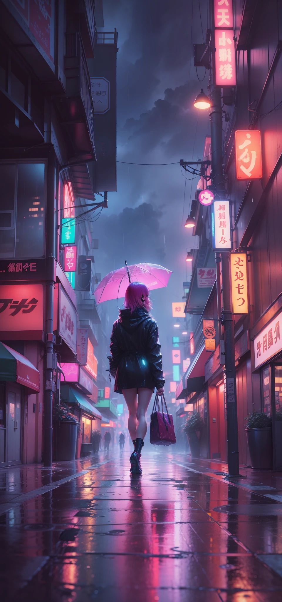 A vibrant, anime-inspired landscape of a rainy cityscape, with bright neon lights reflecting off the wet, unpeopled streets