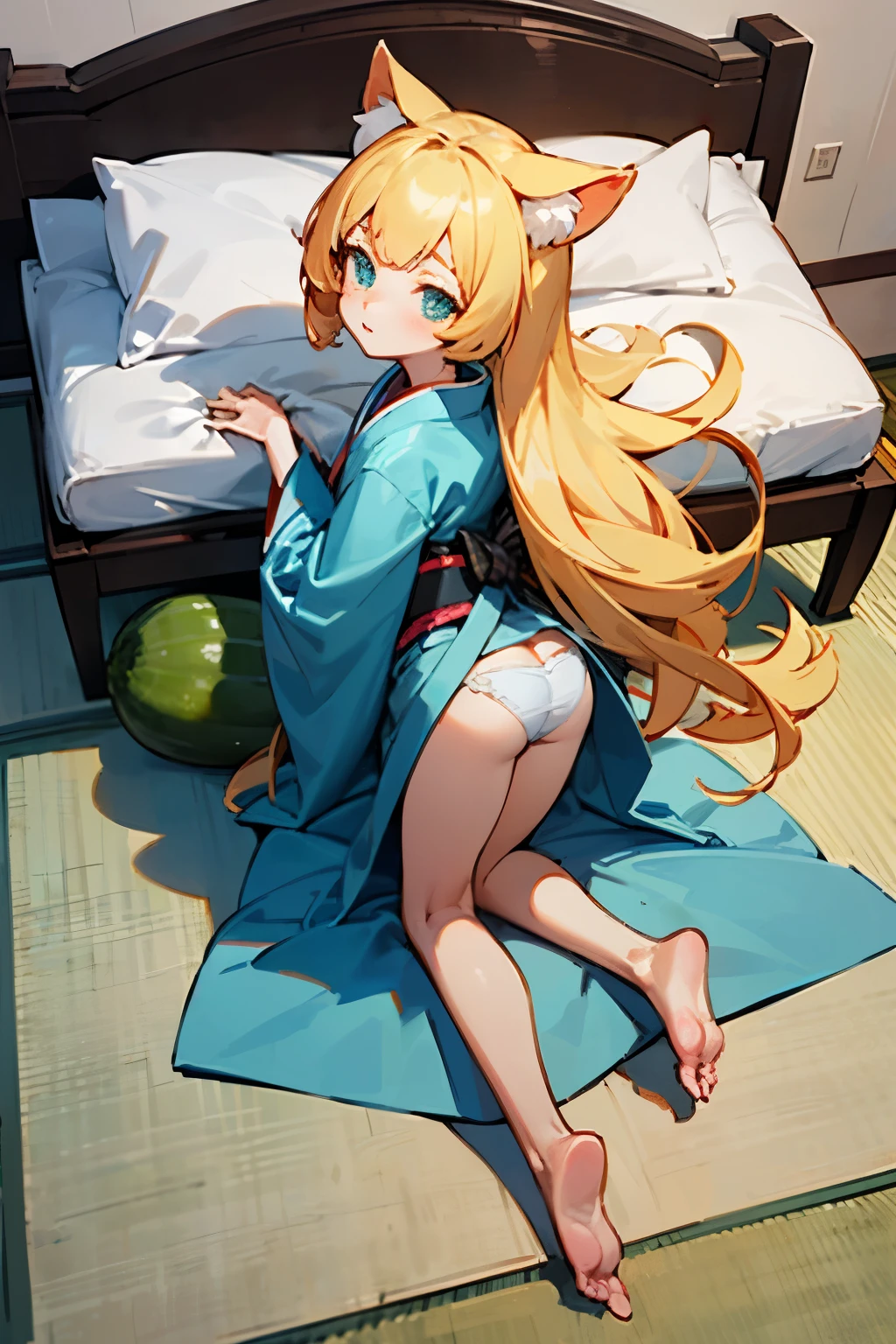 ((best quality)), ((Meisterwerk)), (detailliert), perfektes Gesicht, beautiful hands, small slender girl with long blonde hair, fluffy cat ears and a catstail over her butt, turquoise eyes, short kimono, shows her white panties, stands in bedroom, barefoot, beautiful feet, whole body, view from above , a cucumber lays on the floor
