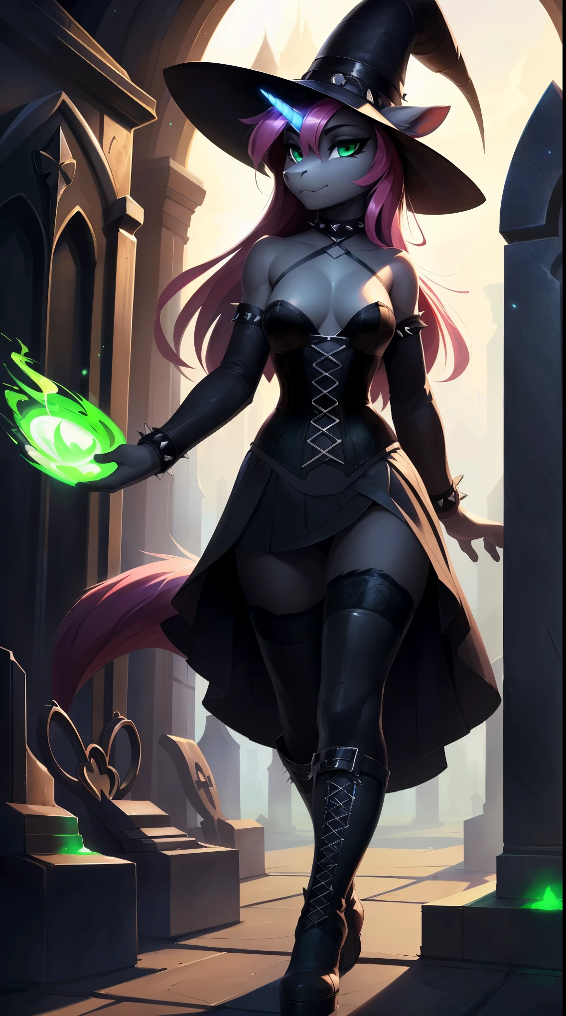 uploaded on e621, by Bayard Wu, by Thomas Benjamin Kennington, by Einshelm, solo anthro, ((Portrait)), (((witch clothes)), (lacy long sleeves, black corset, blackplated skirt)), ((red overknee legwear, pink stripes)), ((boots with straps)), uncovered head, (detailed Bonifasko lighting), (Detailed fur), (detailed grey skin), (Cinematic lighting), ((Detailed background, graveyard)), (half body shadow), [ambient light on the belly], [explict content], [sharp-focus], (shaded), ((Masterpiece)), (Dark pink long hair), Small Breasts, pectoral muscles, MLP, My little pony, unicorn, ((dark grey skin)), (gothic pony, punk girl), (young girl), (fluffy fur:1.4), fluffy tights, fluffy chest, furry fantasy art, anthro art, commission for high res, Furry art, pov furry art, Sakimichan is beautiful, Masterpiece, Best Quality, Detailed image, Dark colors, Detailed Face, perfect lighting, Perfect shadows, Perfect eyes, focus on girl, flawless face, gorgeous body, Hourglass body, shiny body, feet focus (ungulate, Animal nose, Pony muzzle), half closed eyes, green eyes, 1girl, full body, Detailed fur, Balanced coloring, ((Long dark pink tail)), Furry, anthro, (attractive body:1.5), looking a viewer, seductive gaze, seductive posing, ((green magic, casting)), (green magic), magic glow