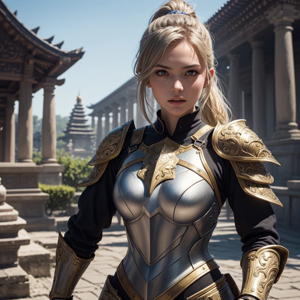 (8K, best quality:1.2), (masterpiece:1.37), (photo, photorealistic:1.37), (ultrahigh-res), half body, walking pose, shot from front, slow motion, female paladin in armour, (light silver and gold armour:1.2),(ornately decorated armor), (insanely detailed, bloom:1.5), (highest quality, concept art, 4k), (analog:1.2), (high sharpness), (detailed pupils:1.1), detailed face and eyes, Masterpiece, best quality, (highly detailed photo:1.1), (long blonde Hair, ponytail,ecstatic:1.1), (young woman:1.1), sharp, (perfect body:1.1), realistic, real shadow, 3d, (temple background:1.2), arms crossed over the chest
photographed by Canan EOS R6, 135mm, 1/1250s, f/2.8, ISO 400